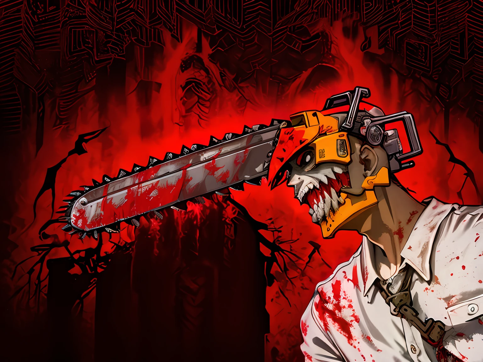 there is a man with a chainsaw in his head, chainsaw man, chainsaw sword, chainsaw, elegant horror artwork, horror saw teeth, horror illustration, leatherface, horrific digital art, carnage, from hotline miami, detailed 4k horror artwork, chainsword in the other, butcher angry rotting zombie, digital horror artwork, saw teeth, the evil within monster