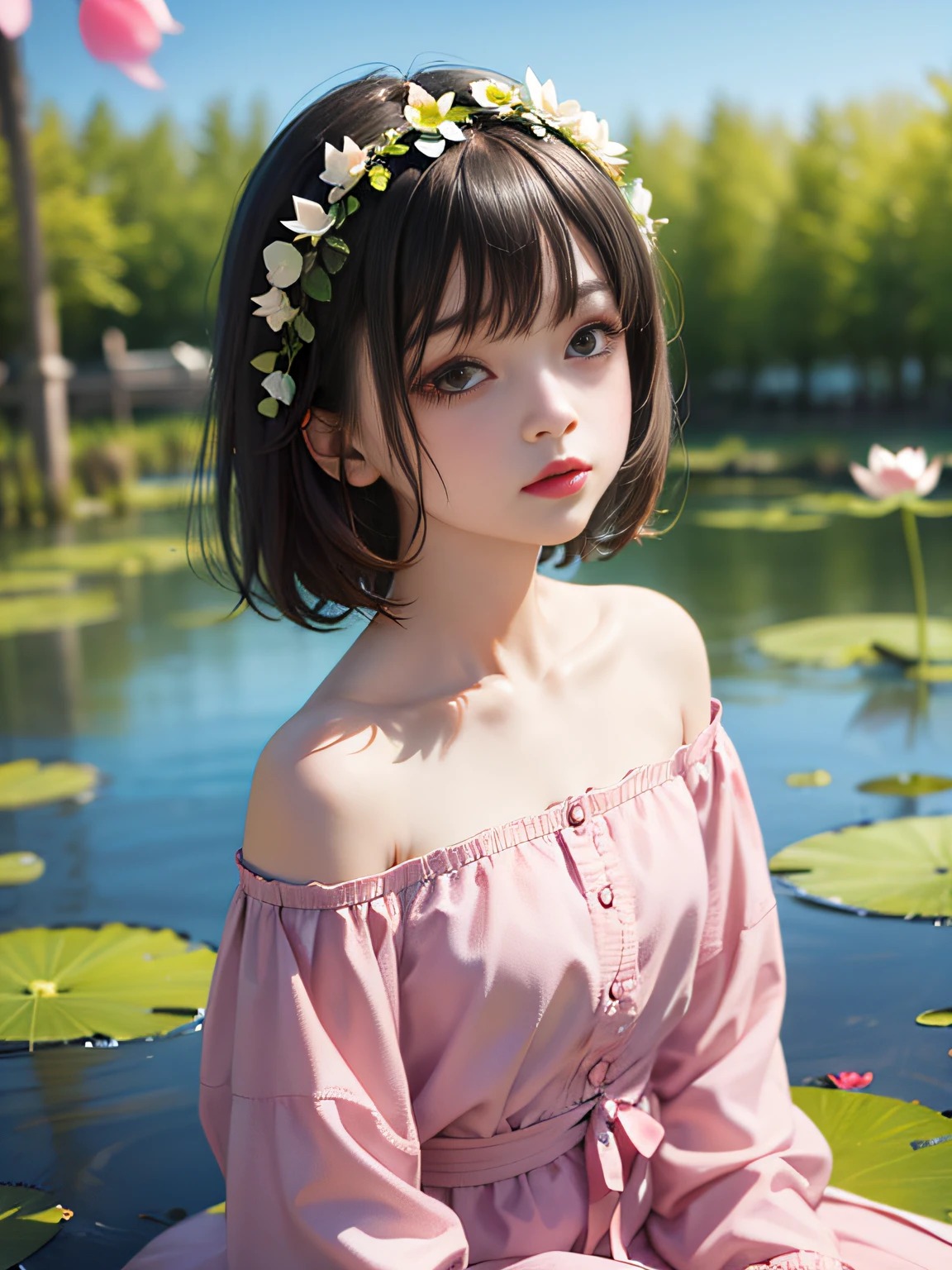 HD, depth of field, sorissos, spring, smaller head, sideways, sitting, black hair, garland, anime, off-the-shoulder, pond, lotus, pink clothes