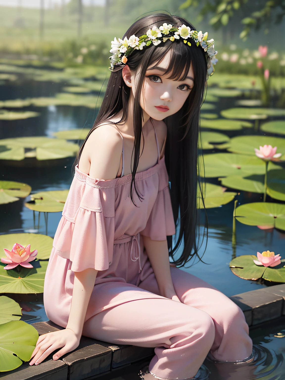 HD, depth of field, sorissos, spring, smaller head, sideways, sitting, black hair, garland, anime, off-the-shoulder, pond, lotus, pink clothes