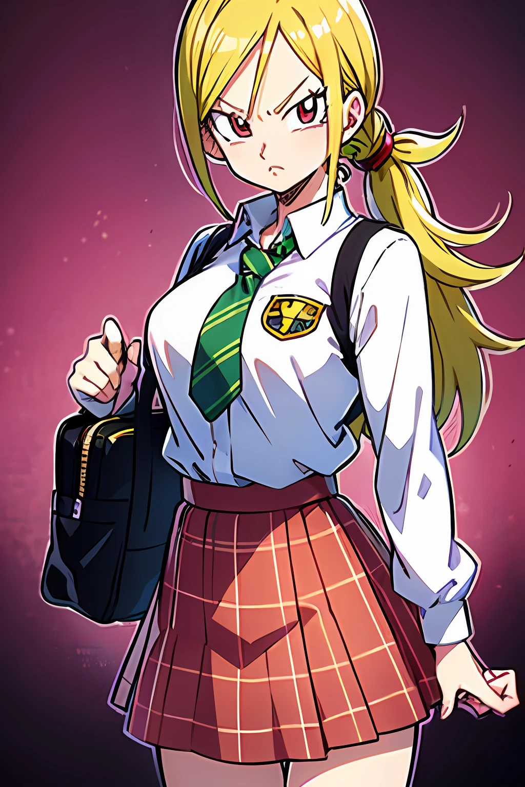neutral face, schoolgirl attire, white blouse with yellow jacket, green striped tie, red plaid skirt, red eyes and red hair in a twin ponytail, (style of dragon ball z and fairy tail anime), (illustrated by Akira Toriyama and Atsushi Ohkubo), (style mixing), Lucy Heartfilia, Bulma