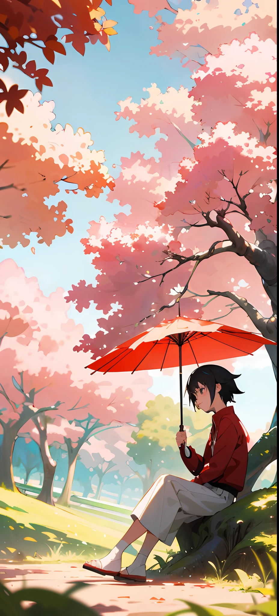 Anime girl sitting under tree with umbrella in park, Makoto Shinkai Cyril Rolando, beautiful artwork illustration, anime nature, anime art wallpaper 4k, anime art wallpaper 4k, anime art wallpaper 8k, anime nature wallpaper, holding a red umbrella, 4 k manga wallpaper, anime lush john 8k woods, anime wallpaper 4 k