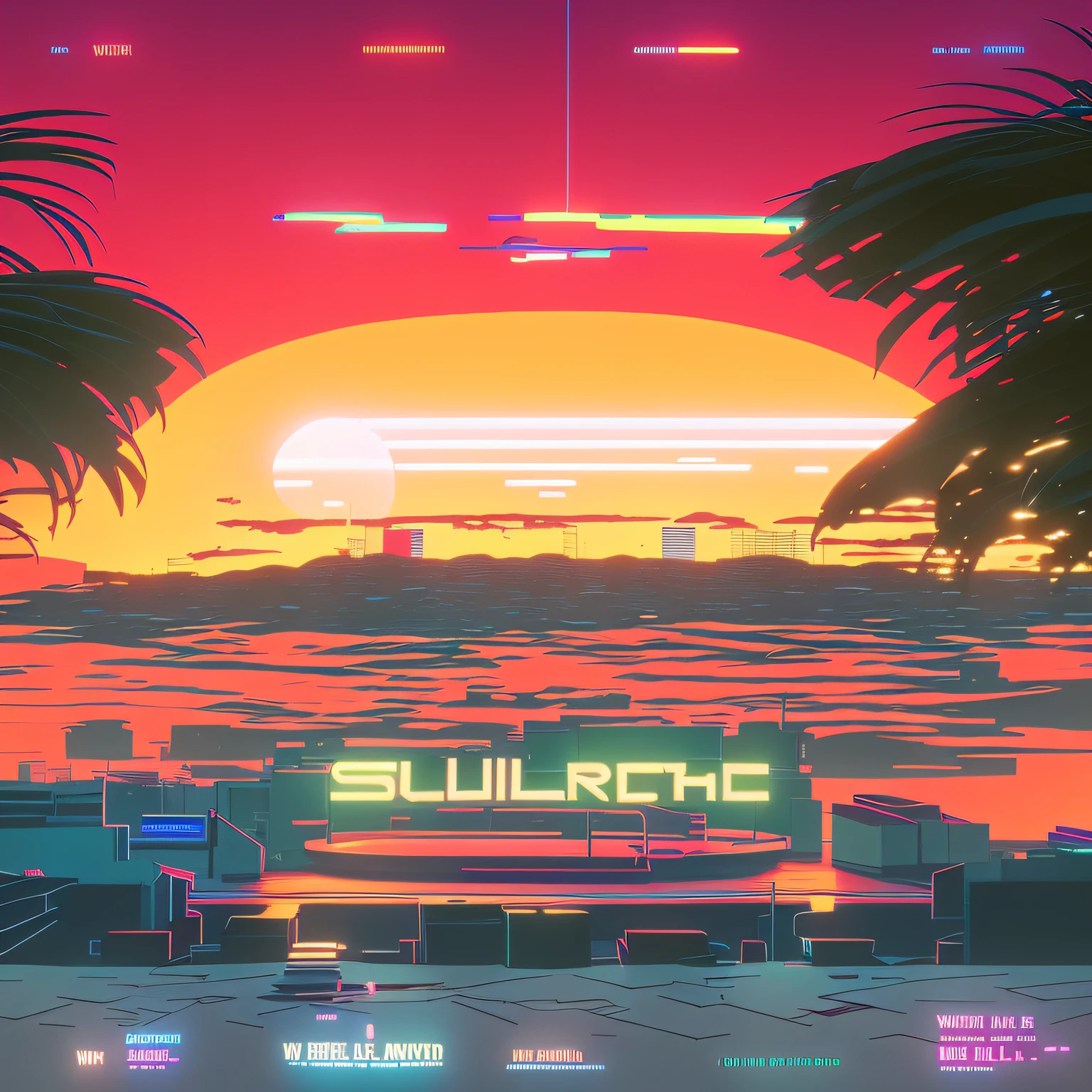 there is a poster for a movie with a sign in the water, chillhop, sunrise, sunraise, sunset sinrise, sunset sunrise, vaporwave sunset, miami synthwave, inspired by Liam Wong, synthwave sunset, beeple and mike winkelmann, by Mike Winkelmann, cinematic sunset, beeple and jean giraud