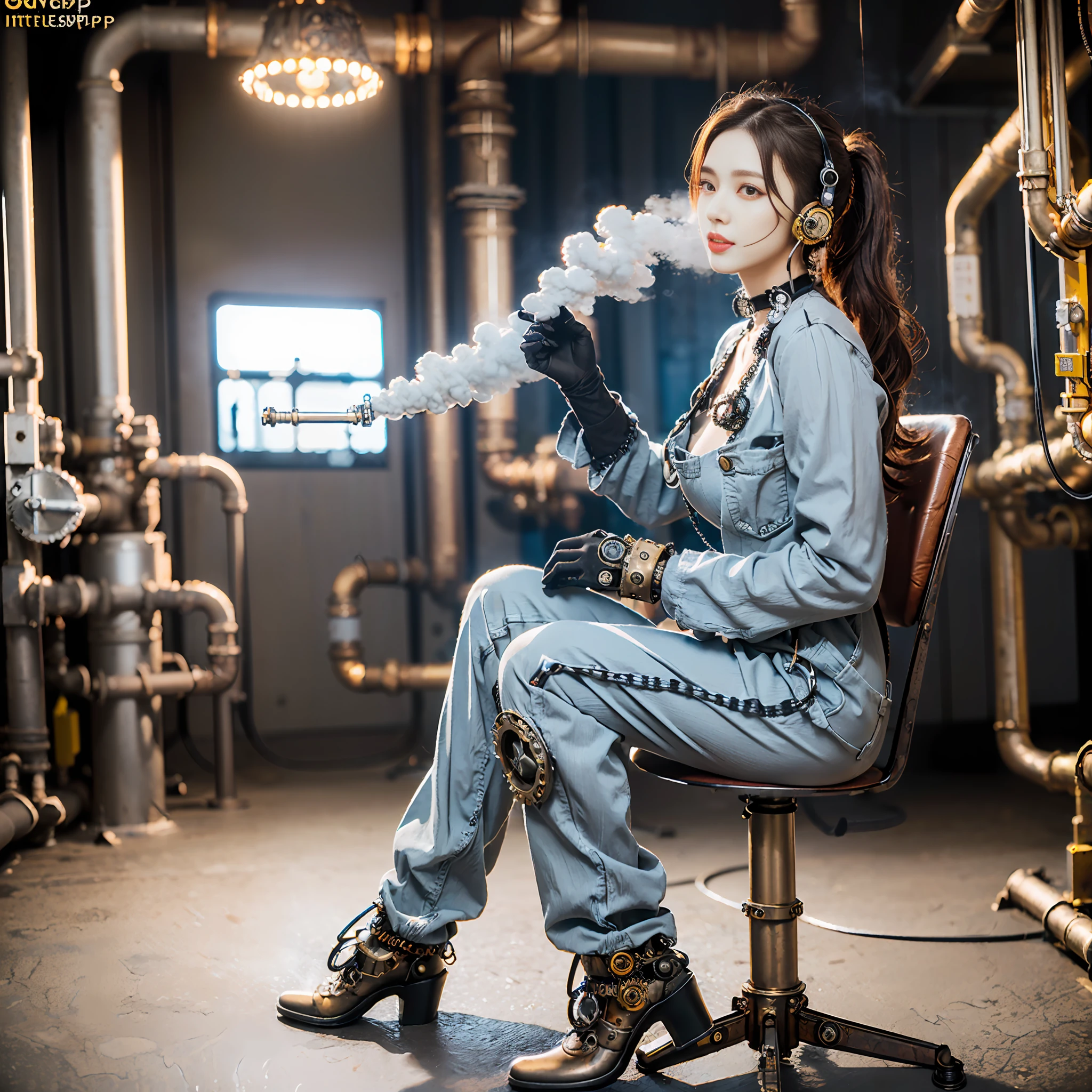 (photo, photorealistic:1.37), one girl, full body, sitting on a chair, shot from side, profile, slow motion, female steampunk engineer, (wearing a gray jumpsuit with steampunk details:1.2),(ornately decorated intercom headset:1.3), (ornately decorated choker), (insanely detailed steampunk, bloom:1.5), (detailed pupils:1.1), detailed face and green eyes, Masterpiece, best quality, (highly detailed photo:1.1), (long ginger Hair, ponytail,ecstatic:1.1), (young woman:1.1), sharp, (perfect body:1.1), realistic, real shadow, 3d, (steampunk workshop interior filled with lots of steam pipes background:1.2), photographed by Canan EOS R6, 135mm, 1/1250s, f/2.8, ISO 400