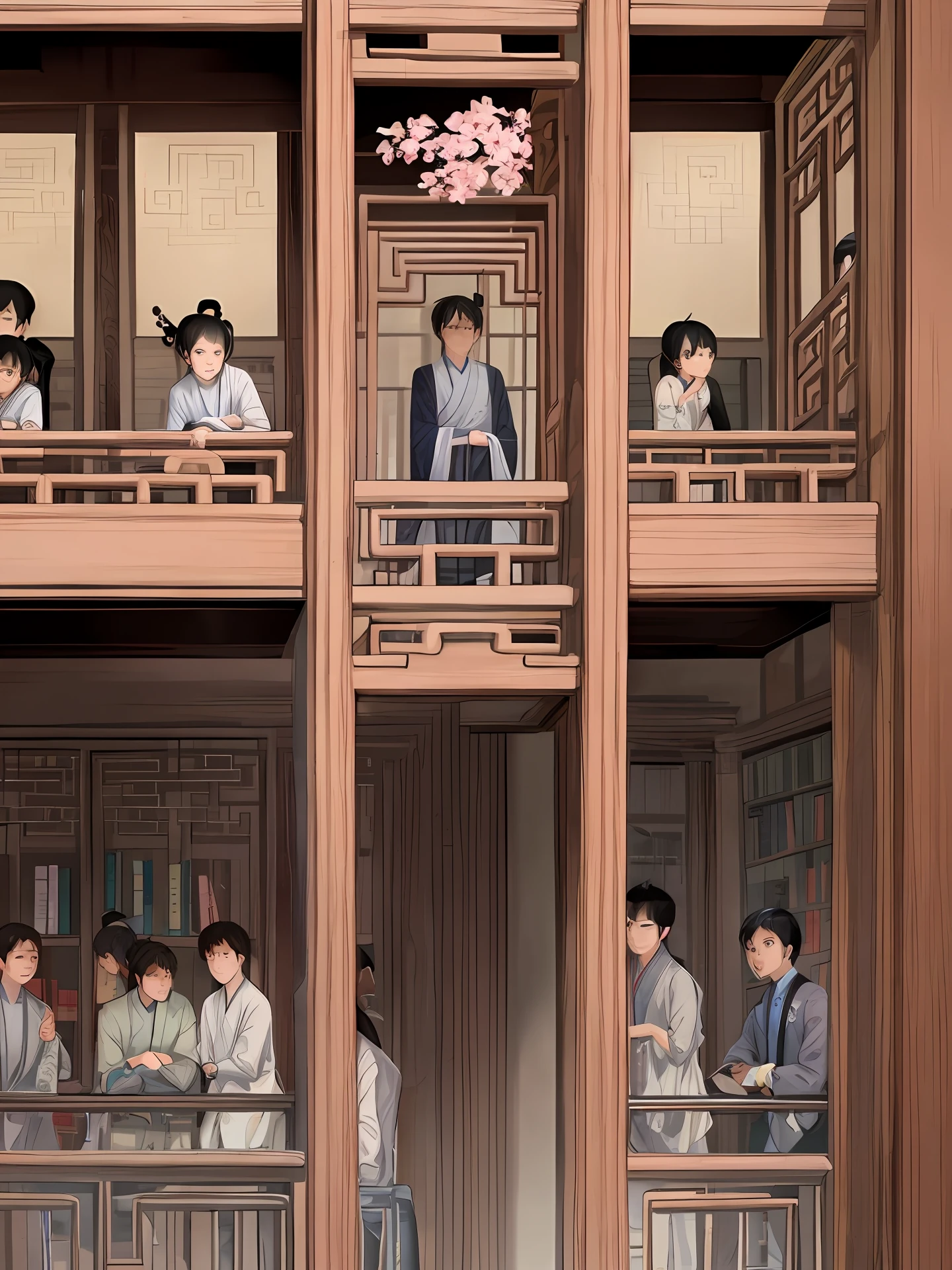Ancient Chinese academy, a group of boys kneeling around discussing things, bookshelves (background is ancient Chinese style)