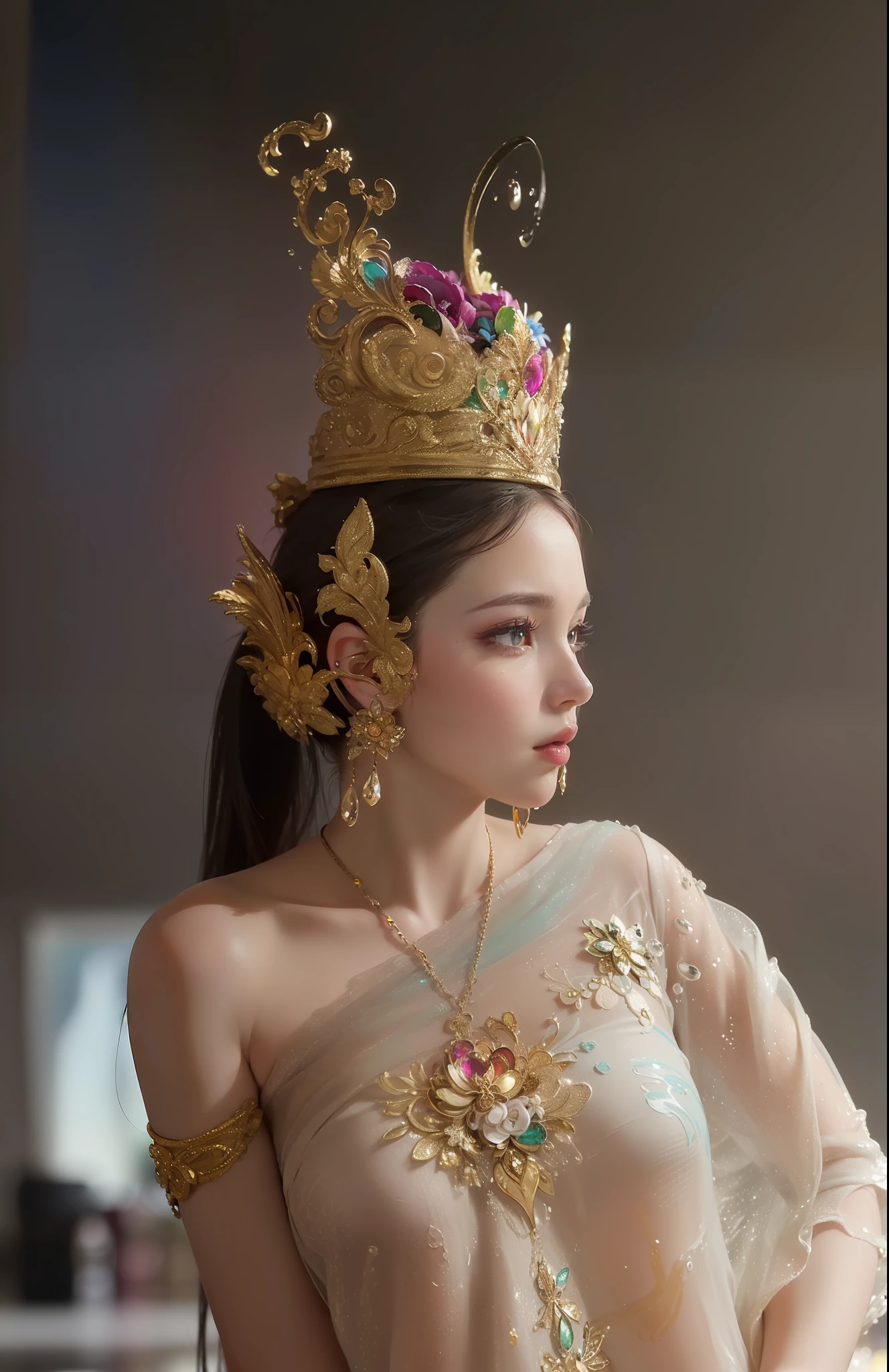 (Pink Fashion T-shirt:1.9),(Colorful hair: 1.8), (all the colours of the rainbow: 1.8),(((((vertical painting:1.6))), (painting:1.6),front, comics, illustrations, paintings, large eyes, crystal clear eyes,( rainbow color gradient high ponytail:1.7), exquisite makeup, closed mouth,(Small Fresh: 1.5),(Wipe Chest: 1.6) ,long eyelashes, white off shoulder T-shirt, White Shoulder Shirt,looking at the audience, large watery eyes, (rainbow colored hair:1.6), color splash, (solo:1.8), color splash, color explosion, thick paint style, messy lines, ((shining)),(colorful), (colorful), (colorful), colorful, Thick Paint Style, (Splash) (Color Splash), Vertical Painting, Upper Body, Paint Splash, Acrylic Pigment, Gradient, Paint, Highest Image Quality, Highest Quality, Masterpiece, Solo, Depth of Field, Face Paint, colorful clothes, (Elegant: 1.2), gorgeous,long hair, wind, (Elegant: 1.3), (Petals: 1.4),(((masterpiece))),(((best quality))),((ultra-detailed)),(illustration),(dynamic angle),((floating)),(paint),((disheveled hair)),(solo),(1girl) , (((detailed anima face))),((beautiful detailed face)),collar,bare shoulders,white hair, ((colorful hair)),((streaked hair)),beautiful detailed eyes,(Gradient color eyes),(((colorful eyes))),(((colorful background))),(((high saturation))),(((surrounded by colorful splashes))),