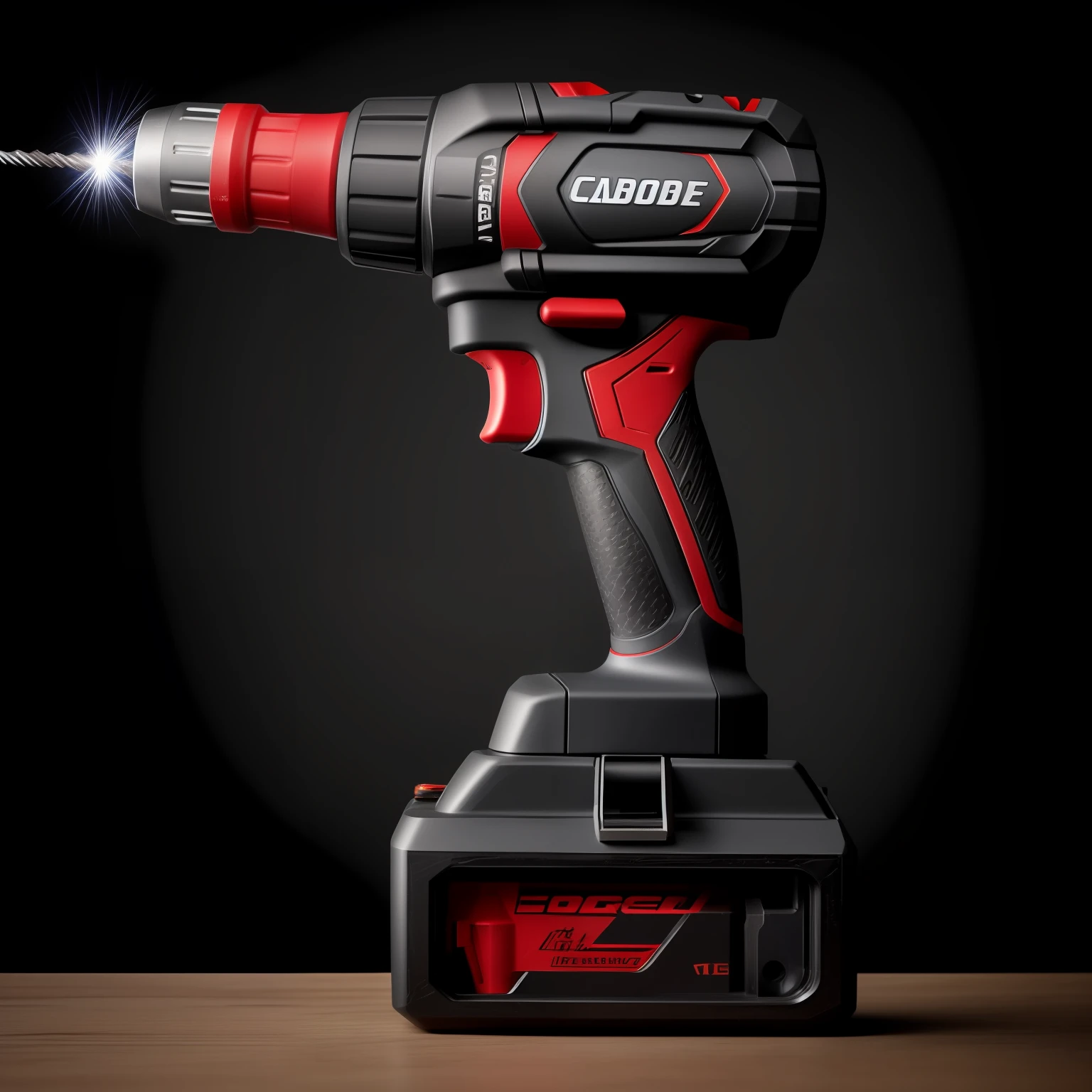 Conspicuous and eye-catching red body lithium hand drill, close-up of a person grinding metal using a drill bit, DIY, portrait photo, beam shining red lithium hand drill, cover photo, portrait photo, Instagram post, red and black robot parts, full of energy and power, very intense, product photography 4 K, close-up photo, best Adobe Stock, high quality product images", tools, professional product photography, industrial photography, commercial photography