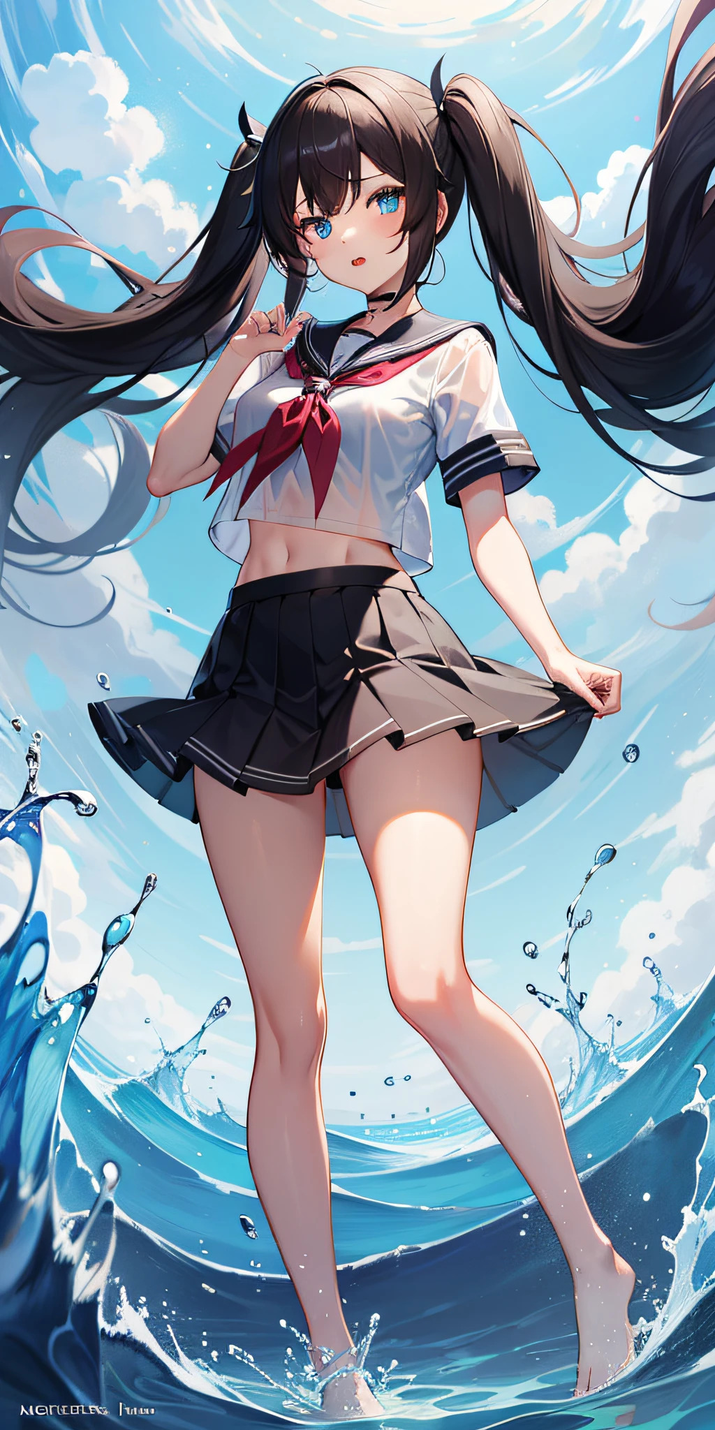 1girl,petite,****,solo,longhair,skirt,sailorcollar,blackhair,navel,lookingatviewer,blackskirt7,miniskirt,barefoot,see-through,neckerchief,croptopoverhang,croptop,pleatedskirt,water,schooluniform,midriff,shirt,serafuku,twintails,verylonghair,fullbody,miniskirt,bareshoulders,whiteshirt,blueeyes,barelegs,thighs,breasts,blacksailorcollar,bangs,stomach,blueneckerchief,partedlips,floatinghair,standing,