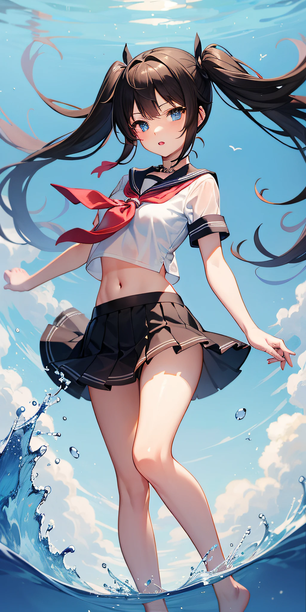 1girl,ite,lolsolo,longhair,skirt,sailorcollar,blackhair,navel,lookingatviewer,blackskirt7,miniskirt,barefoot,see-through,neckerchief,croptopoverhang,croptop,pleatedskirt,water,schooluniform,midriff,shirt,serafuku,twintails,verylonghair,fullbody,miniskirt,bareshoulders,whiteshirt,blueeyes,barelegs,thighs,breasts,blacksailorcollar,bangs,stomach,blueneckerchief,partedlips,floatinghair,standing,