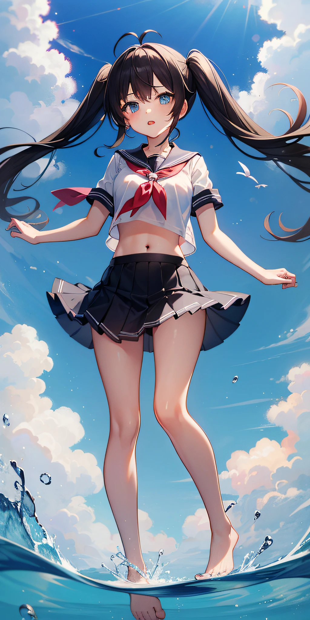 1girl,ite,lolsolo,longhair,skirt,sailorcollar,blackhair,navel,lookingatviewer,blackskirt7,miniskirt,barefoot,see-through,neckerchief,croptopoverhang,croptop,pleatedskirt,water,schooluniform,midriff,shirt,serafuku,twintails,verylonghair,fullbody,miniskirt,bareshoulders,whiteshirt,blueeyes,barelegs,thighs,breasts,blacksailorcollar,bangs,stomach,blueneckerchief,partedlips,floatinghair,standing,