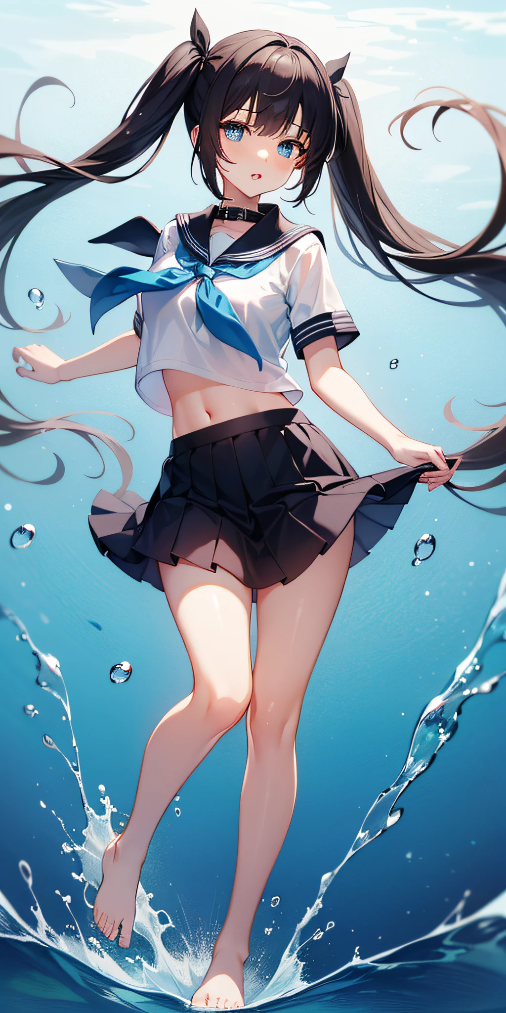 1girl,petite,****,solo,longhair,skirt,sailorcollar,blackhair,navel,lookingatviewer,blackskirt7,miniskirt,barefoot,see-through,neckerchief,croptopoverhang,croptop,pleatedskirt,water,schooluniform,midriff,shirt,serafuku,twintails,verylonghair,fullbody,miniskirt,bareshoulders,whiteshirt,blueeyes,barelegs,thighs,breasts,blacksailorcollar,bangs,stomach,blueneckerchief,partedlips,floatinghair,standing,