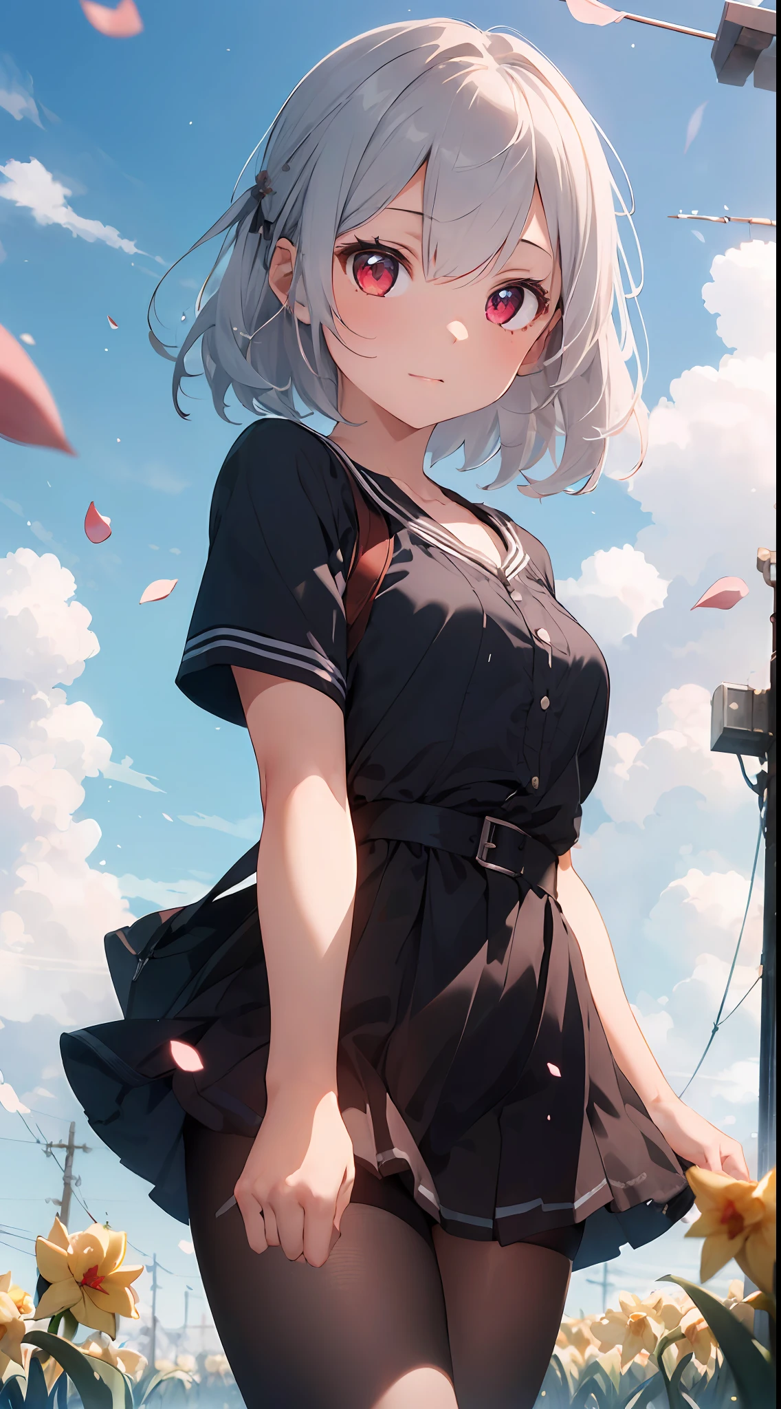 ((masterpiece, best quality)),(1girl, solo:1.4), silver hair, wine red eyes, beautiful detailed eyes, vivid, cloudy sky, flower, awesome flower, daffodil, falling petals