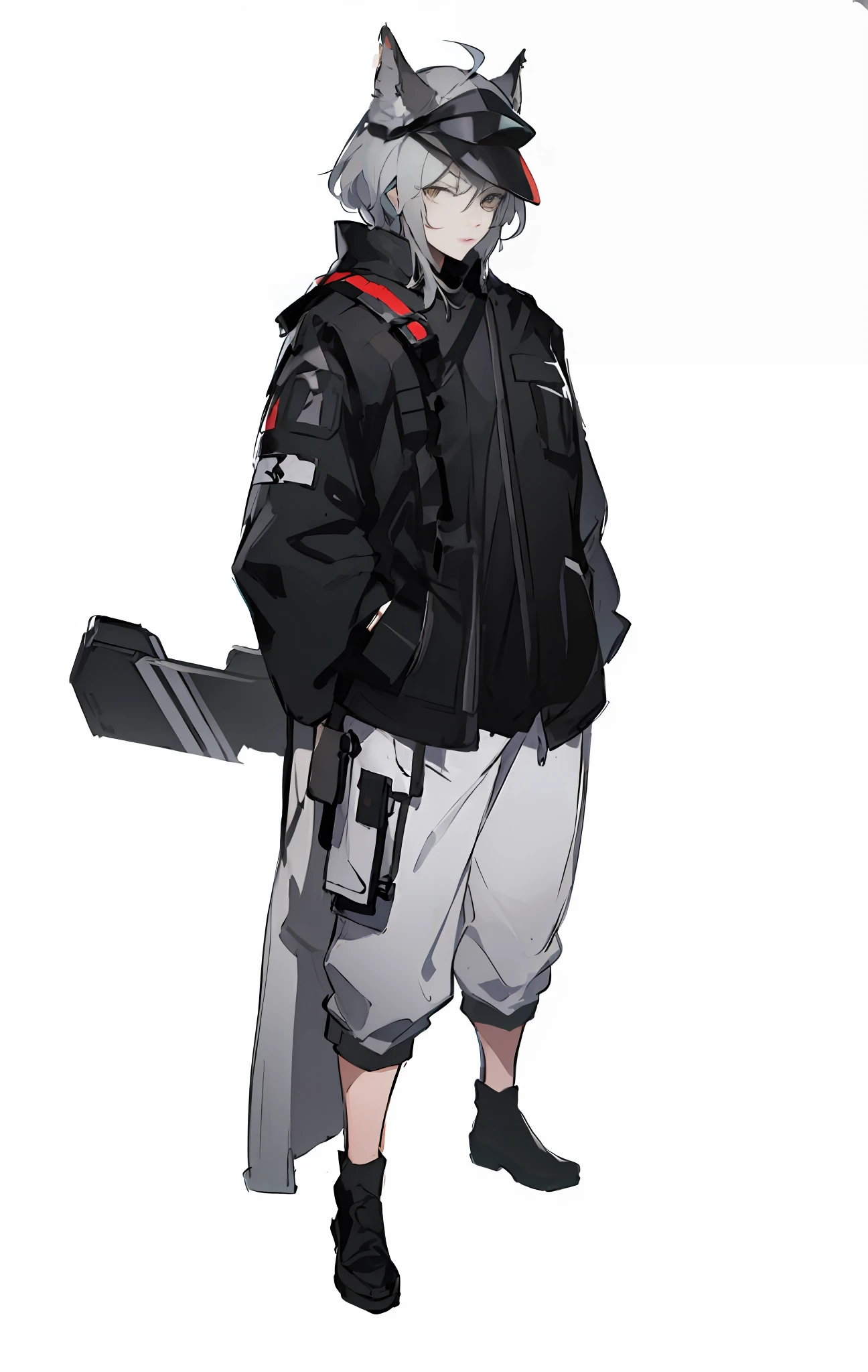 Cartoon image of a man in a black jacket and white trousers, from Girl Front, From Ark Night, Single Character Full Body, Girl Front Style, Anime Full Body Illustration, Wearing Japanese Tech Costume, Full Body Character, Tech Suit Look and Clothes, Full Body Single Character, ( (Character Concept Art )), Guvitz