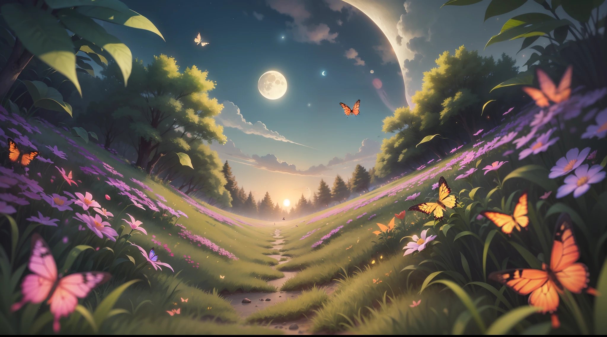 Summer night, moon, grass under the screen, leaves on both sides of the top in front of the screen, butterflies flying in the grass, fireflies, picture ratio 16:9, very detailed, best quality