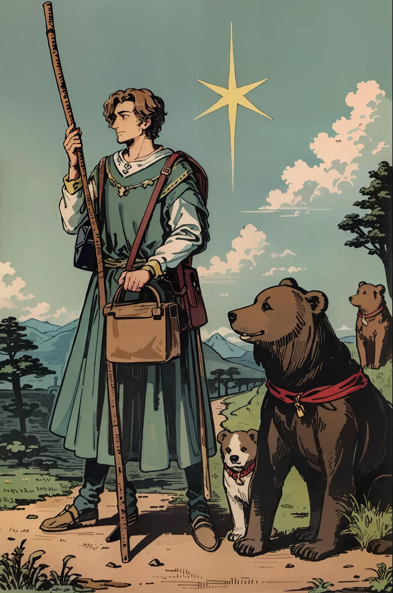 tarot card, the fool, man, bindle, stick and bag, cliff, dogtarot card, the fool, man, bindle, stick and bag, cliff, dog, bear man, bear ears
