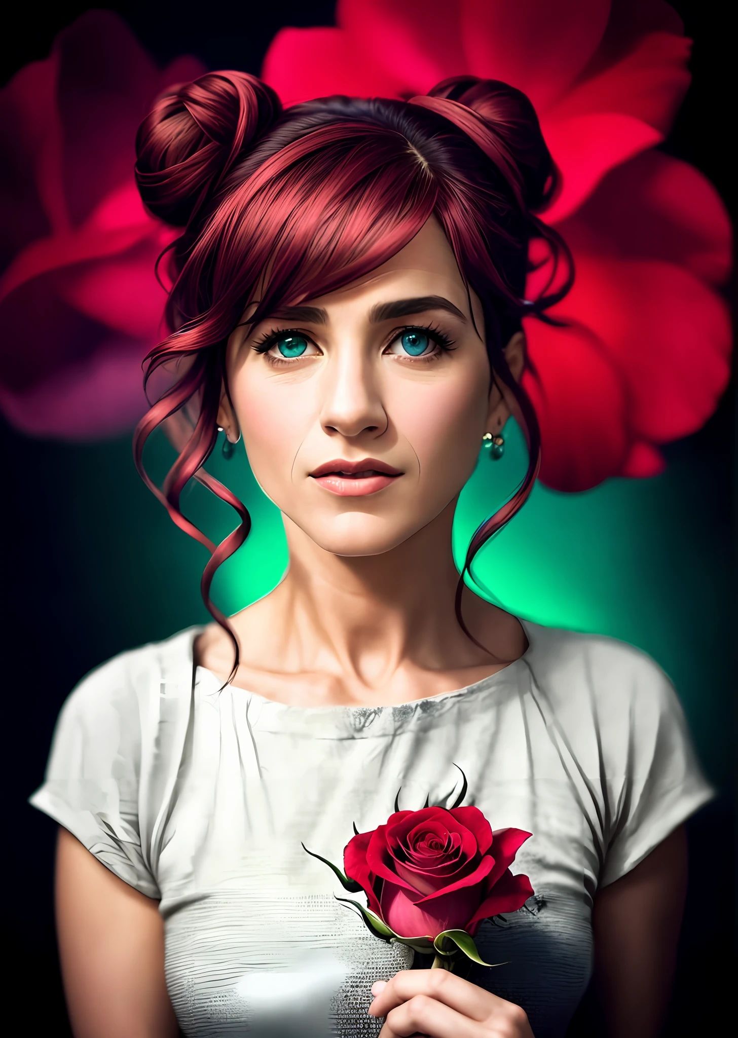 (darkness:1.1), clouds, deep shadow, darkness, award-winning photo, extremely detailed, amazing, fine details, absurd,

([Cobie Smulders|Jennifer Aniston|Emilia Clarke]:0,8),
highly detailed woman, extremely detailed eyes and face, piercing green eyes, detailed clothes, shiny slim and shiny skin, with a red rose in hand, offering to the camera,subsurface scattering,
(Gothic: 0.8), double bun, bangs, ruffles, skirt, red hair, by Lee Jeffries
[(color colors of psychedelic explosion painting:1.21)::0.15],

Nikon D850 Film Stock Photography 4 Kodak Portra 400 Camera F1.6 Lens Rich Colors Hyper Realistic Texture Dramatic Unreal Engine Trend in Artstation Cinestill 800 Tungsten, Style-Neeko