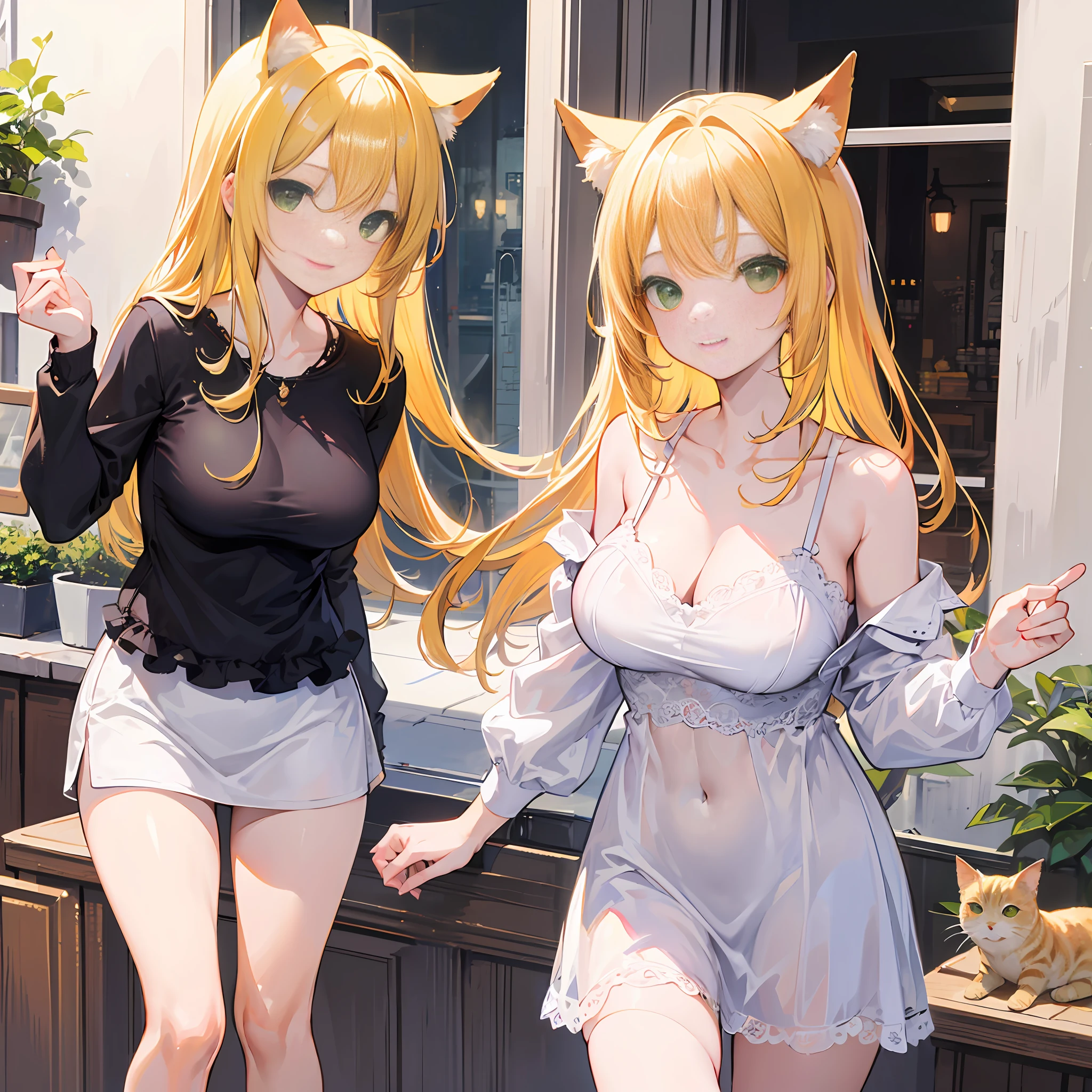 ((Best Quality, 8K, Masterpiece: 1.3)), 1girl, Slim Abs Beauty: 1.3, (Casual hairstyle, No big breasts: 1.2), Dress: 1.1, Super fine face, Yellow hair, drooping cat ears, Delicate green eyes, Double eyelids, smile, homely