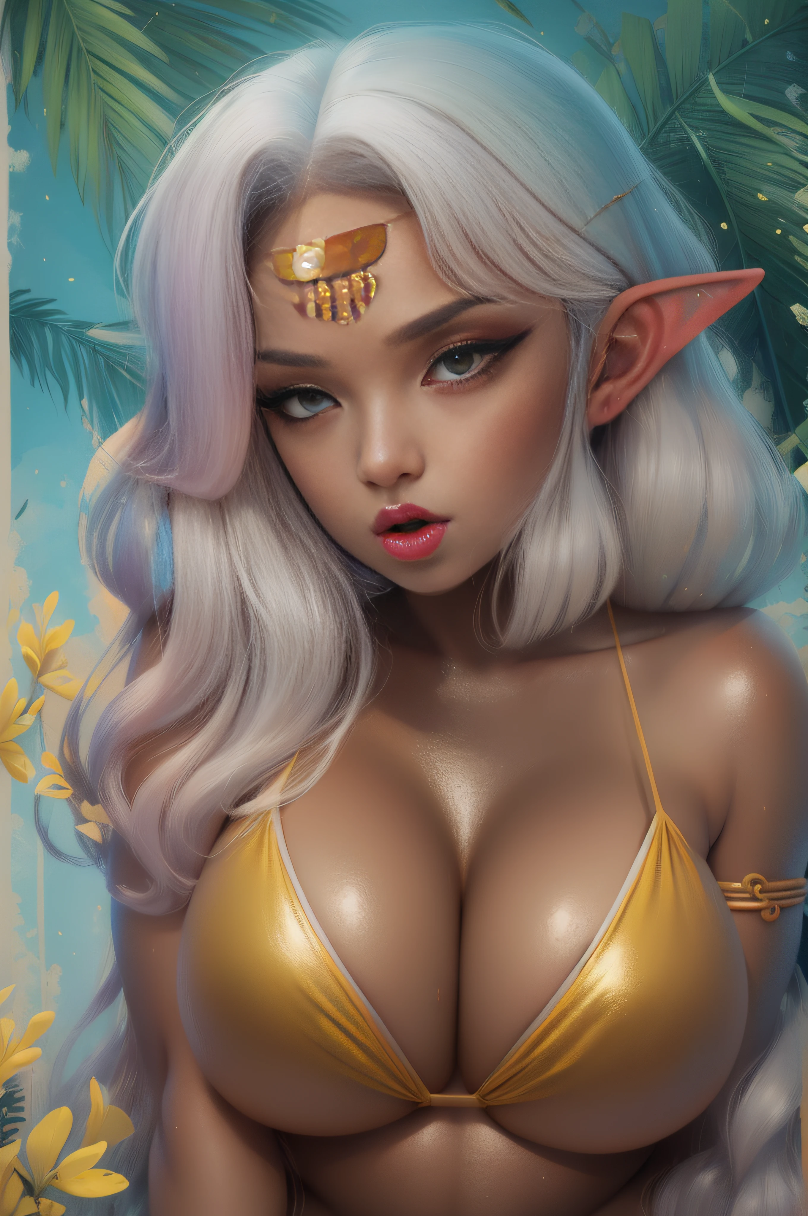 masterpiece, best quality, extreme detail, 8k, image sharpness, Ultra detail hair, (dark skinned female, (dark skin))ultra detail face, perfect eyes, beautiful eyes, perfect face,1girl , pointy ears, white hair, long flowing hair, lipstick, makeup, black eyeshadow, jewellery, bracelet, yellow eyes, huge breasts, wide hips, thick thighs, (bikini swimsuit), ((cameltoe)), bikini, white beach, sand, full body, palm trees
