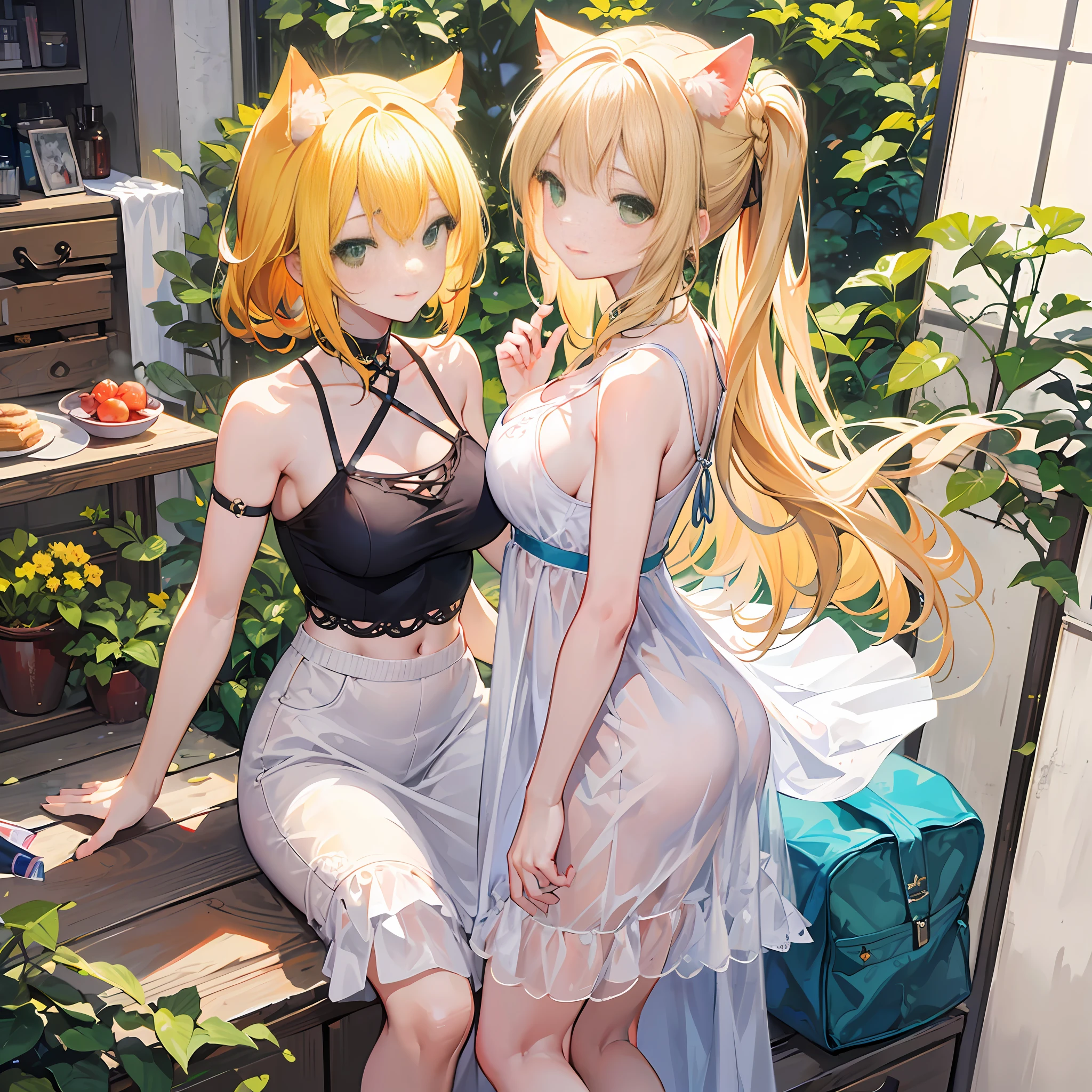 ((Best Quality, 8K, Masterpiece: 1.3)), 1girl, Slim Abs Beauty: 1.3, (Casual hairstyle, No big breasts: 1.2), Dress: 1.1, Super fine face, Yellow hair, drooping cat ears, Delicate green eyes, Double eyelids, smile, homely