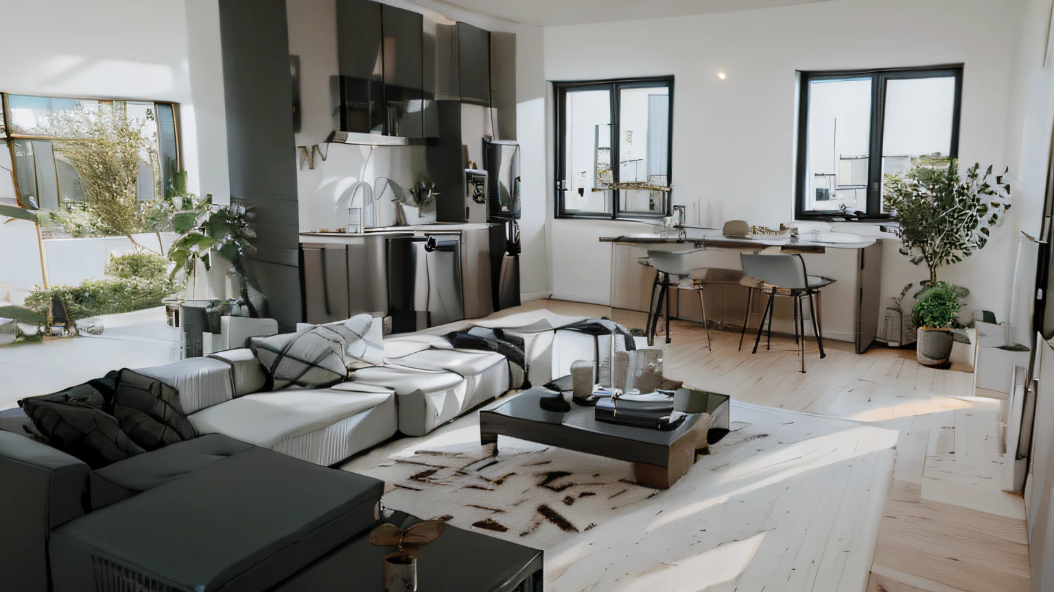 there is a living room with a couch, coffee table, and a kitchen, inside a modern apartment, fancy apartment, city apartment, apartment design, apartment with black walls, in style of 3d render, very realistic 3 d render, high quality 3d render, high quality 3 d render, rendered in unreal 5, render vray, rendered in unreal engine 6