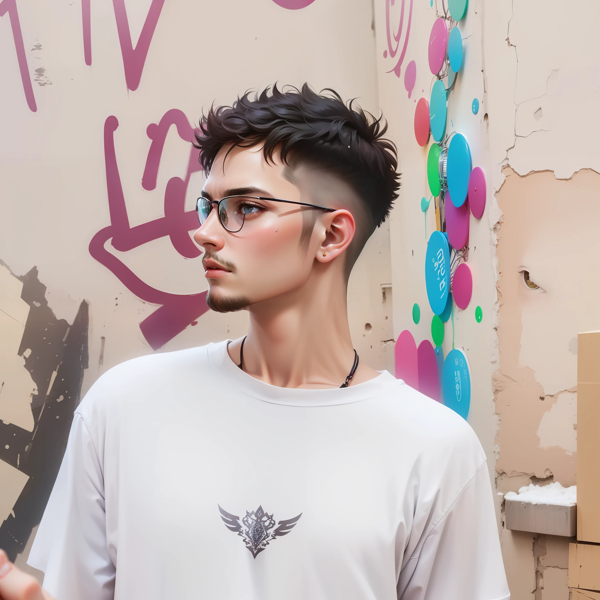 An award-winning masterpiece photo of a psychedelic-colored Vikings man standing on a city street at night in the rain, wearing neon-colored bright glasses, 8k, (high quality: 1.1), (cinematic feel: 1.1), dark and deep shadows, incredibly intricate detailing, art, (up close: 1.1), from above, looking at the observer, (bright light: 1.1), (chromatic aberration,: 1.2) background with floating light artifacts