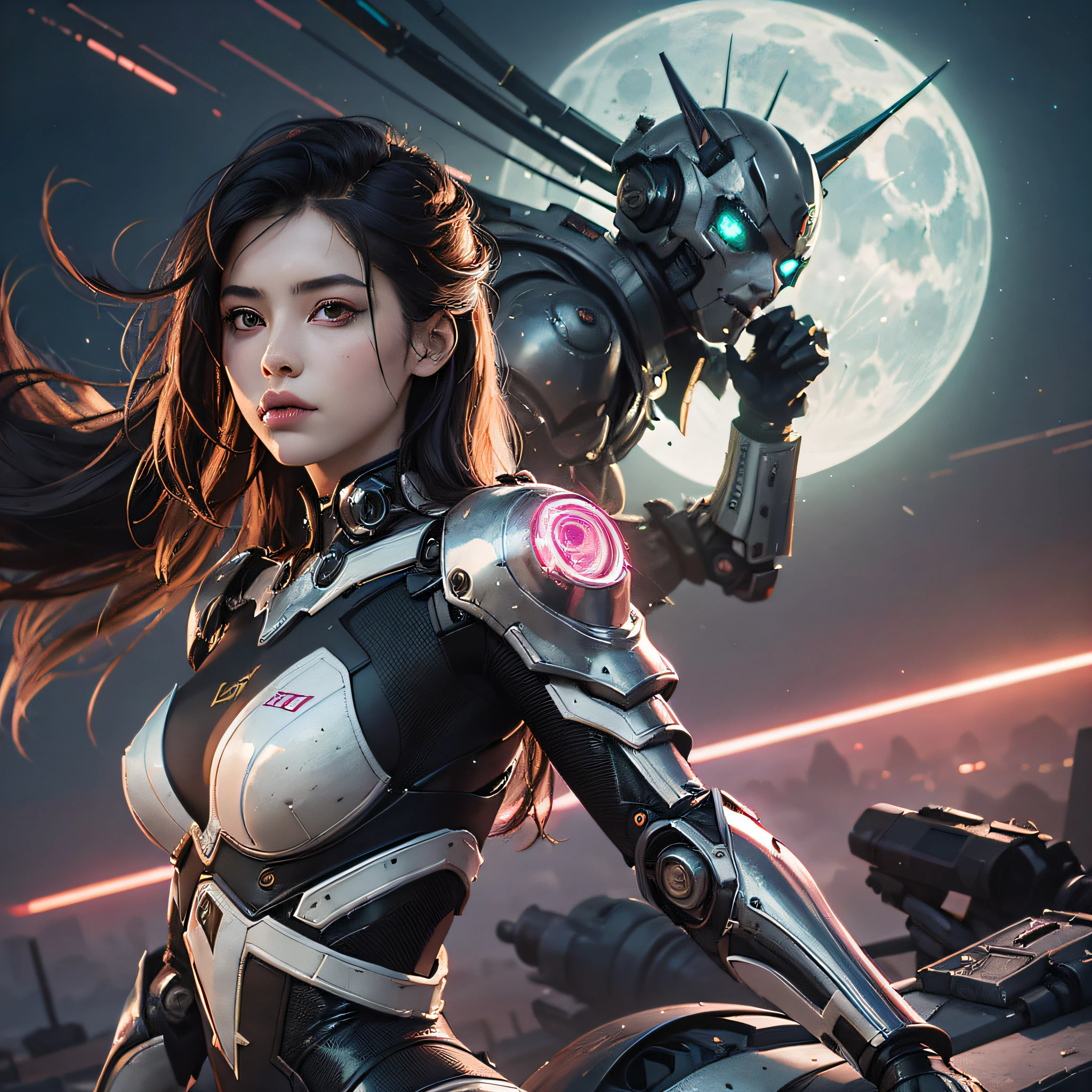 Mecha Girl, Shinig, Pixiv Contest Winner, Gothic Art, Krenzkschaat and Artem Demra, Cyberpunk Girl, Create an image using strobe lighting, with dramatic shadows, highlights, and a sense of depth and dimension,Desolate City, Moonlight, 1woman:1.1)Sea of Clouds, Rising Sun, Green and Pink, Splash Art, Lightning,[(Art by Android Jones: 1.2)], Unity 8k Official Art, Ultra Detailed, Beautiful and Aesthetic, Masterpiece, Top Quality, Very Detailed, The Most Beautiful Forms of Chaos, Elegant, Brutalist Design, Vivid Color, Masterpiece, Best Quality, Baroque, Complex Patterns, Fracturism, Movie Still, Photorealistic