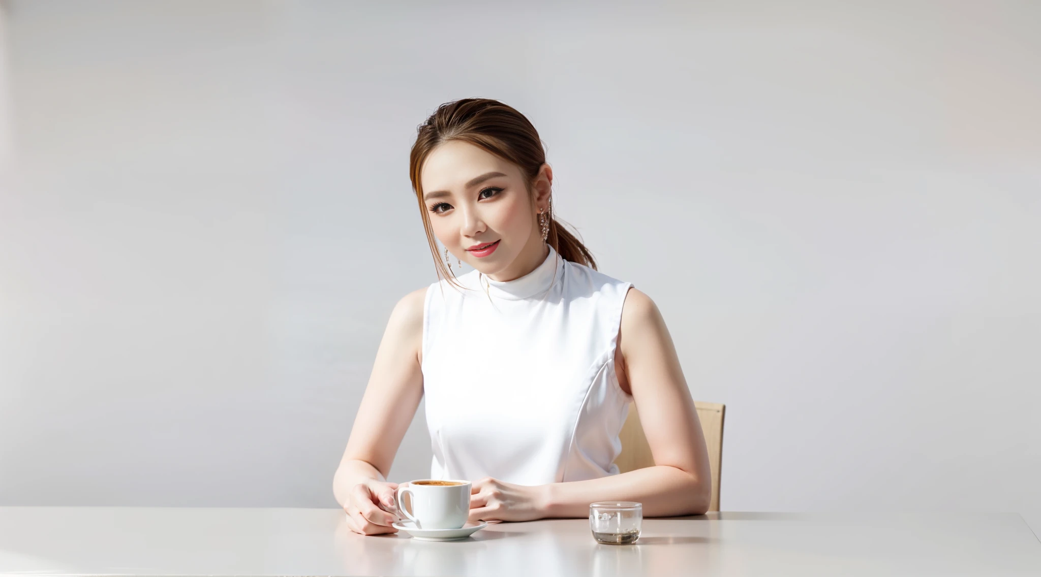 There is a woman sitting at a table, product introduction photos, Jia, Shaxi, Dilabadir Murat, drinking coffee, Cai Xukun, with an elegant smile, sleek design, gongbi, Yunling, Korean woman, official product picture, EORA.