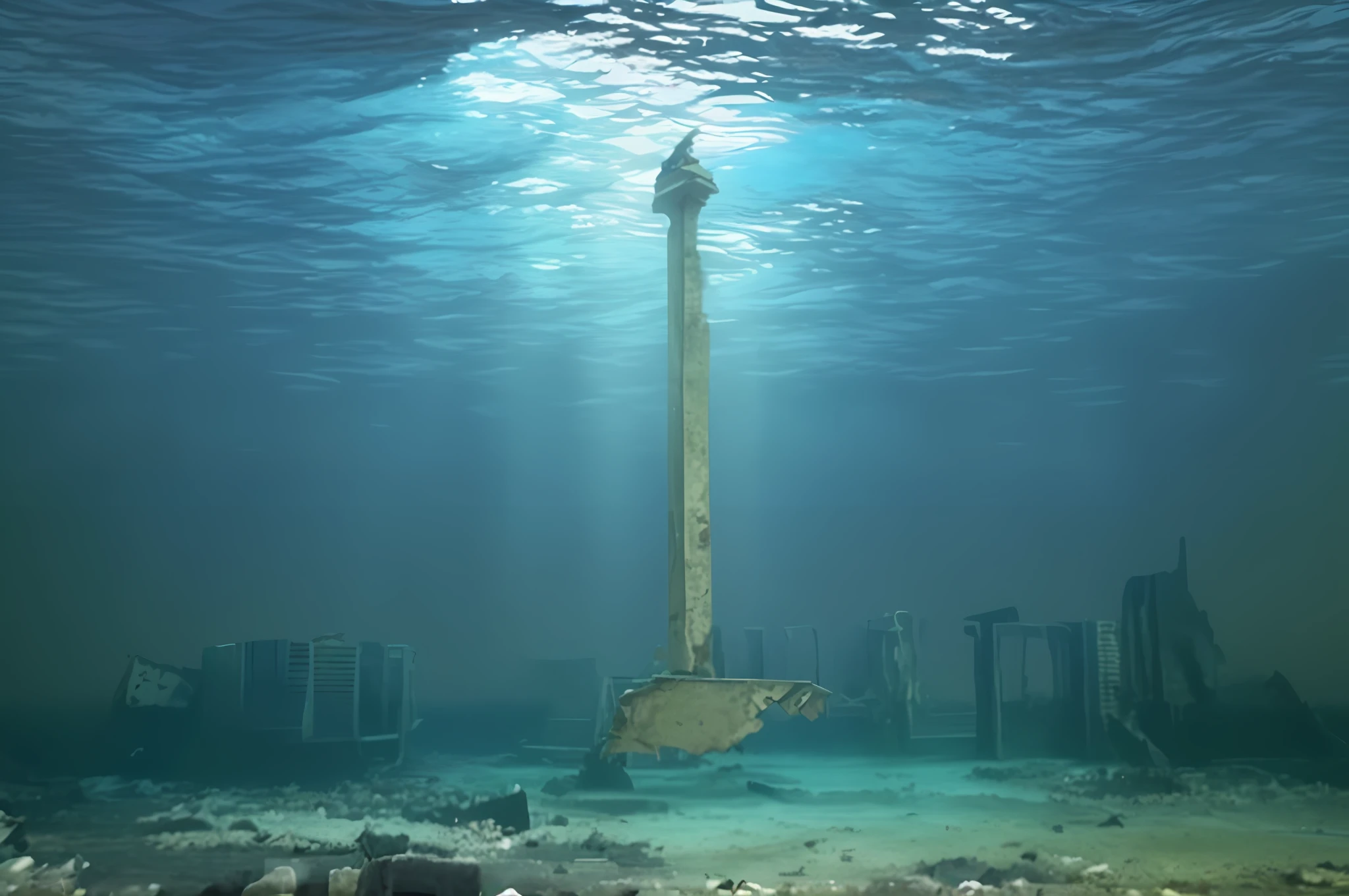 Create a depiction of a city in ruins sinking into the depths of the ocean. Capture a scene that is both grim and mesmerizing. Amidst the calm waters, buildings are submerged, with only debris remaining of most structures. The sky is cloudy and gray, reflecting a sense of devastation and melancholy. Some standing structures appear as neglected monuments, representing the remnants of a lost glory. Don't forget to incorporate elements of nature, such as gentle waves or fragments of trees emerging amidst the ruins. Explore strong colors and contrasts to evoke a haunting and captivating atmosphere. However, amidst the destruction, infuse a faint glimmer of hope, such as the sun rays beginning to penetrate through the clouds, hinting at the possibility of life in the future.