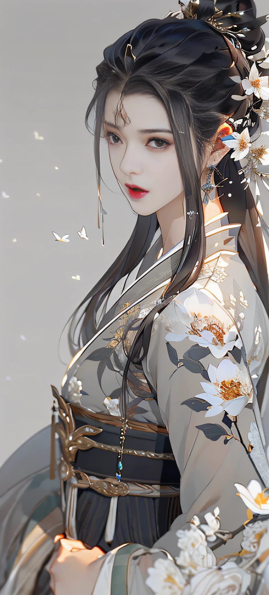 Beautiful details for girls, very detailed eyes and face, beautiful eye details, super detailed, high resolution, very detailed, best quality, illustrations, amazing, exquisite details with gray hair, best quality, very detailed CG, 8k wallpaper, a woman, woods, long black hair, ponytail, hanfu girl, flowers, complex textures, armor, warriors