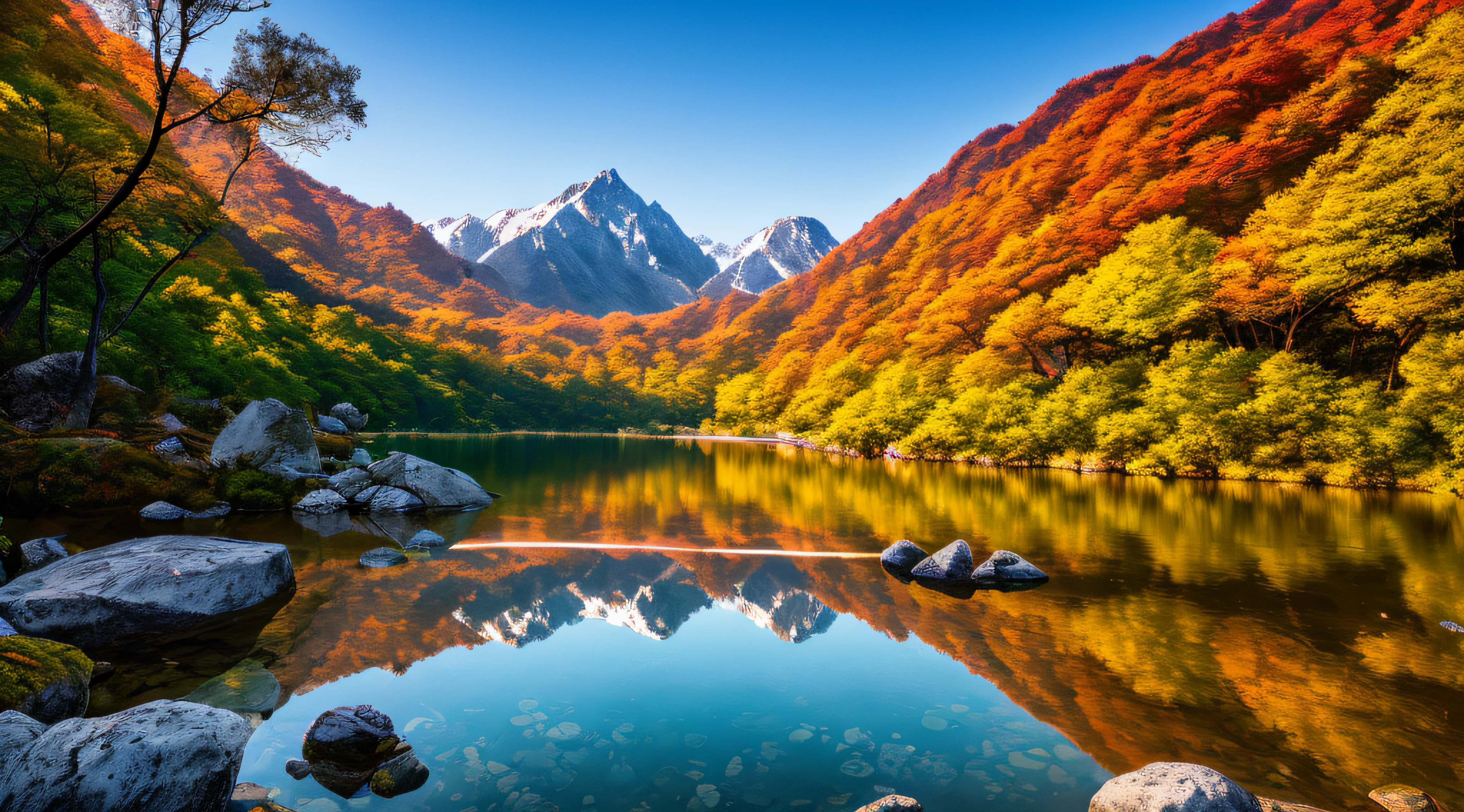 A beautiful Korean mountain and lake, (masterpiece), (portrait), (raw photo), (highly detailed CG unity 8k wallpaper) intricate, sharp focus, dramatic, realistic art