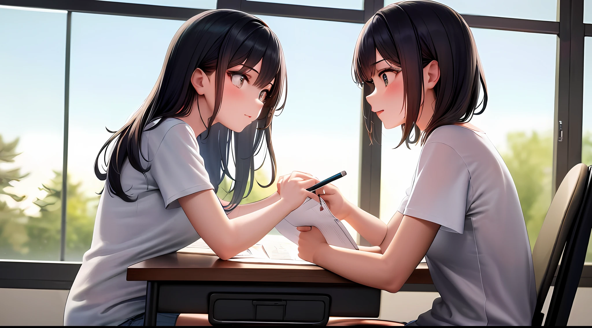 masterpiece, Best quality, High resolution, 1 girl, loose t-shirt, girl sitting on chair and studying drafting at desk,, studying seriously, good luck, drafting, beauty, cute, popular actress of Japan, paperwork, architect