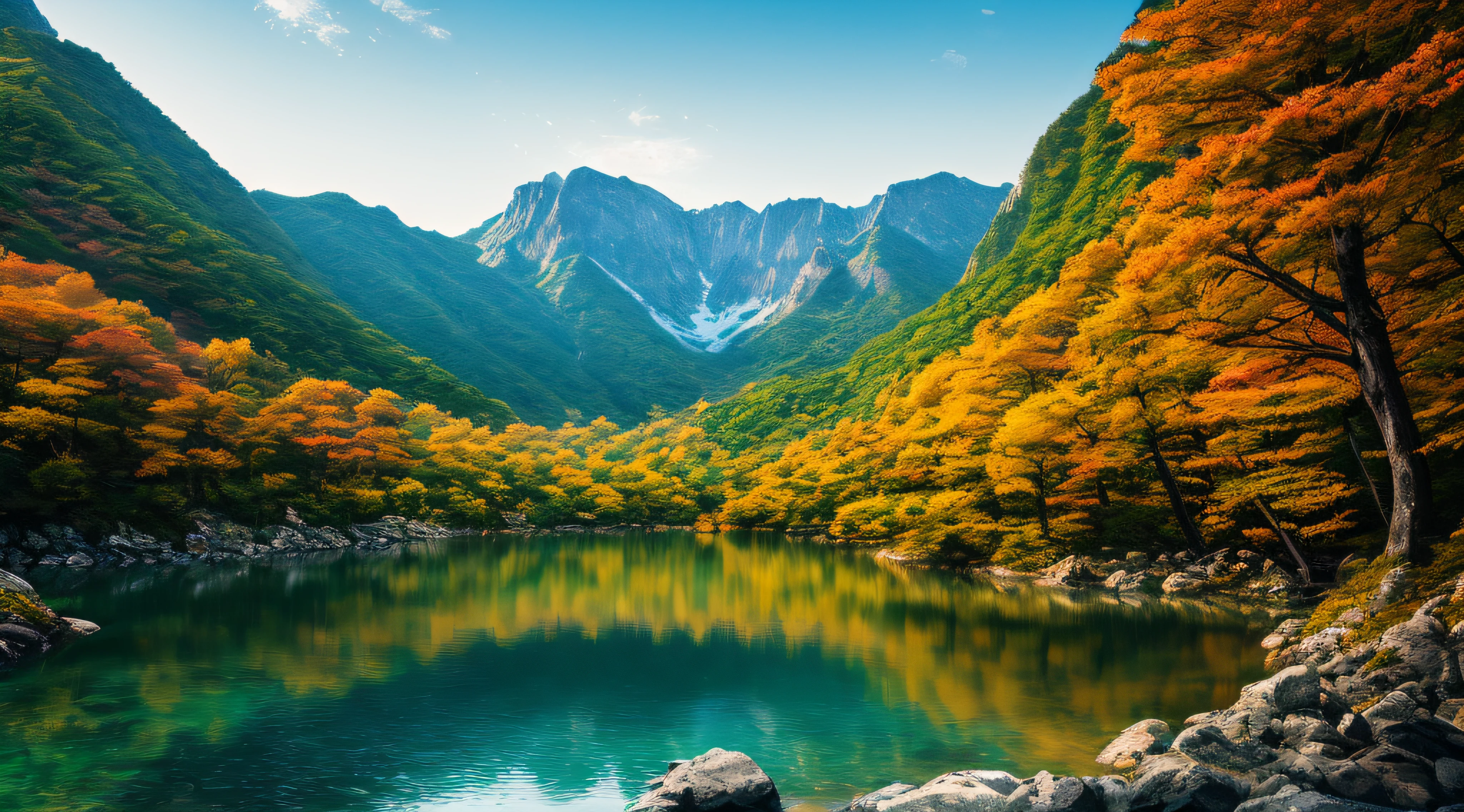 A beautiful Korean mountain and lake, (masterpiece), (portrait), (raw photo), (highly detailed CG unity 8k wallpaper) intricate, sharp focus, dramatic, realistic art