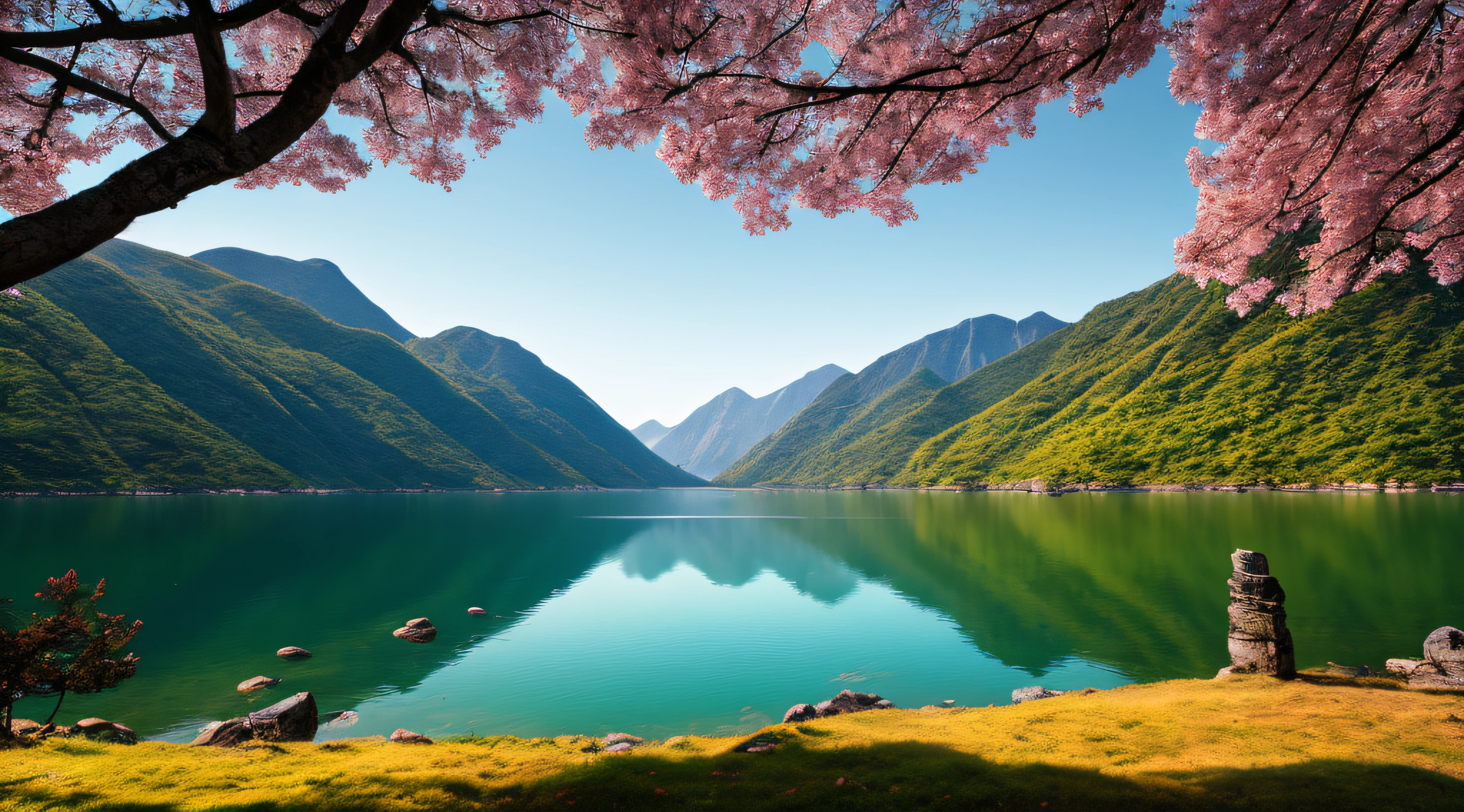 A beautiful Korean mountain and lake, (masterpiece), (portrait), (raw photo), (highly detailed CG unity 8k wallpaper) intricate, sharp focus, dramatic, realistic art