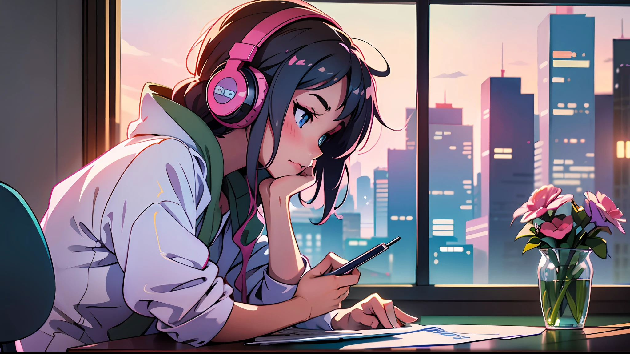 Anime girl with headphones sitting at a table with a laptop, lofi girl, lofi artstyle, lofi art, lofi vibes, lofi feel, lofi hip hop, lofi, chillhop, lofi girl aesthetic, lofi portrait, lofi vibe, lofi colors, anime vibes, lofi aesthetics --auto