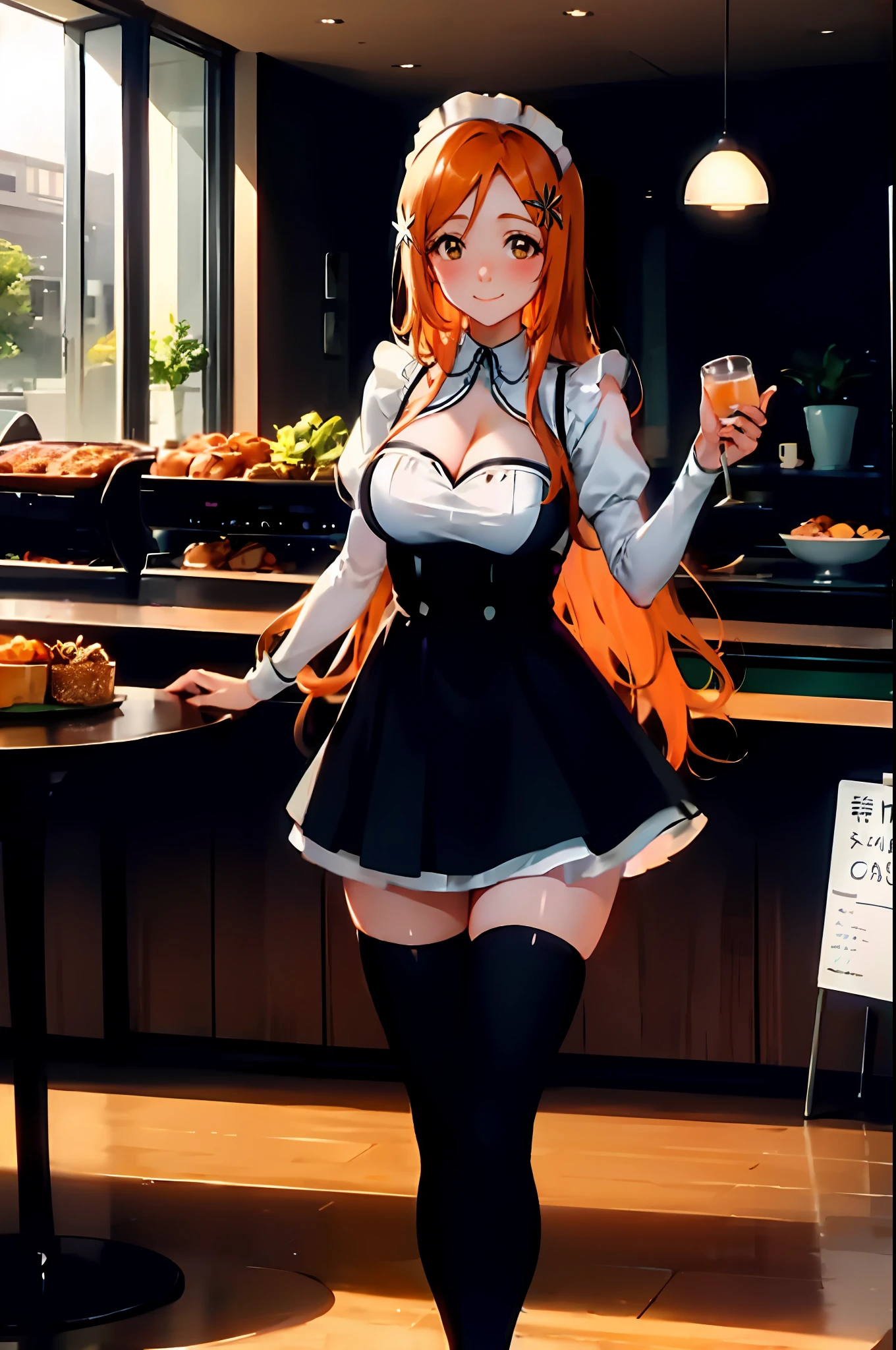 Orihime inoue, bleach, 1girl, solo, maid dress, meidofuku, maid uniform, maid, black thighhighs, breasts, cleavage, pleated skirt, hair between eyes, long hair, hair ornament, looking at viewer, messy hair,  orange hair, solo, thighhighs, thighs, long hair, ((masterpiece)), standing, sexy pose, blush, shy, smile, closes mouth, cafe, table, food, drink, chair, indoor, serving cafe, taking cafe order,