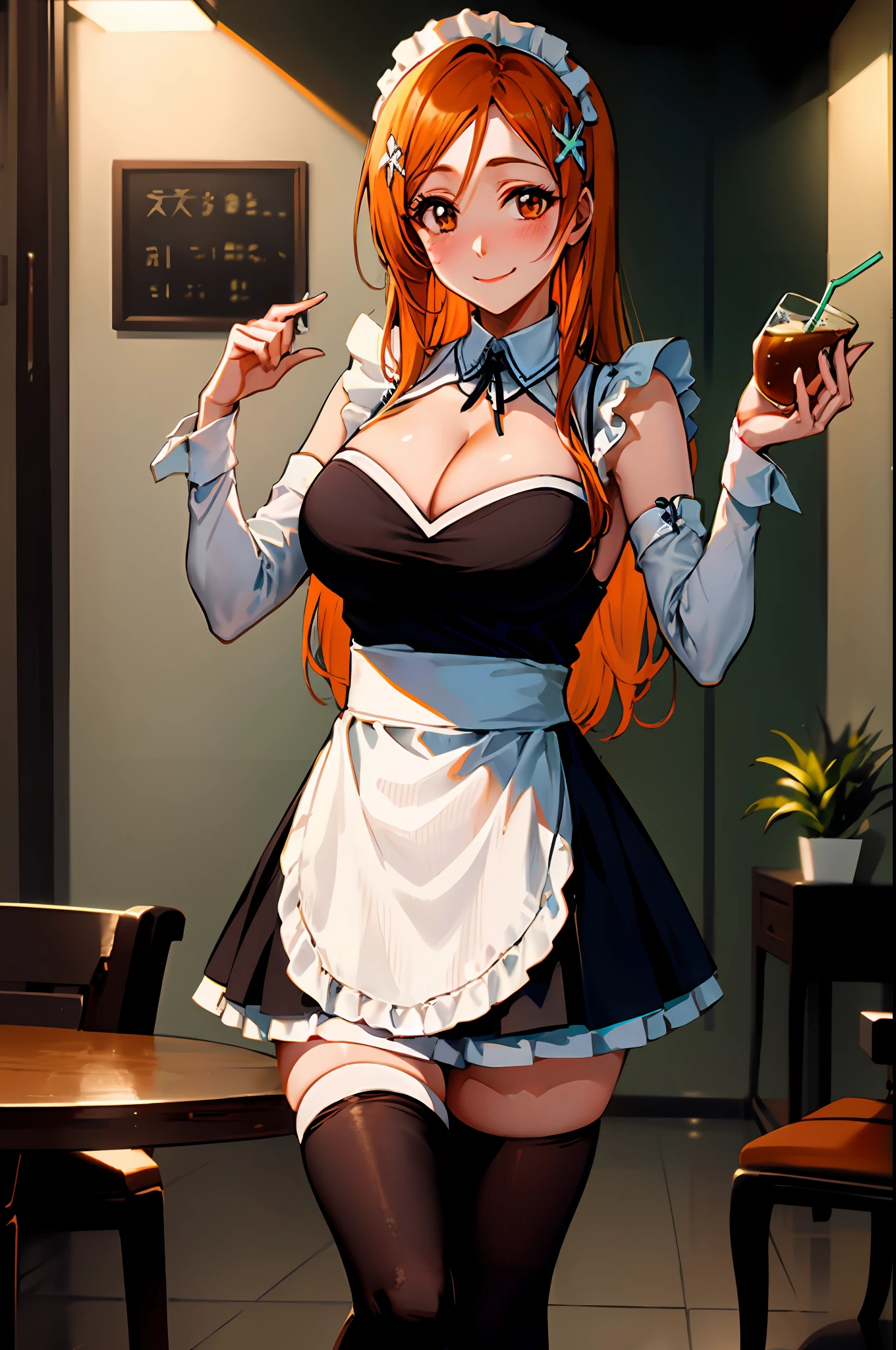 Orihime inoue, bleach, 1girl, solo, maid dress, meidofuku, maid uniform, maid, black thighhighs, breasts, cleavage, pleated skirt, hair between eyes, long hair, hair ornament, looking at viewer, messy hair, orange hair, solo, thighhighs, thighs, long hair, ((masterpiece)), standing, sexy pose, blush, shy, smile, closes mouth, cafe, table, food, drink, chair, indoor, serving cafe, taking cafe order,