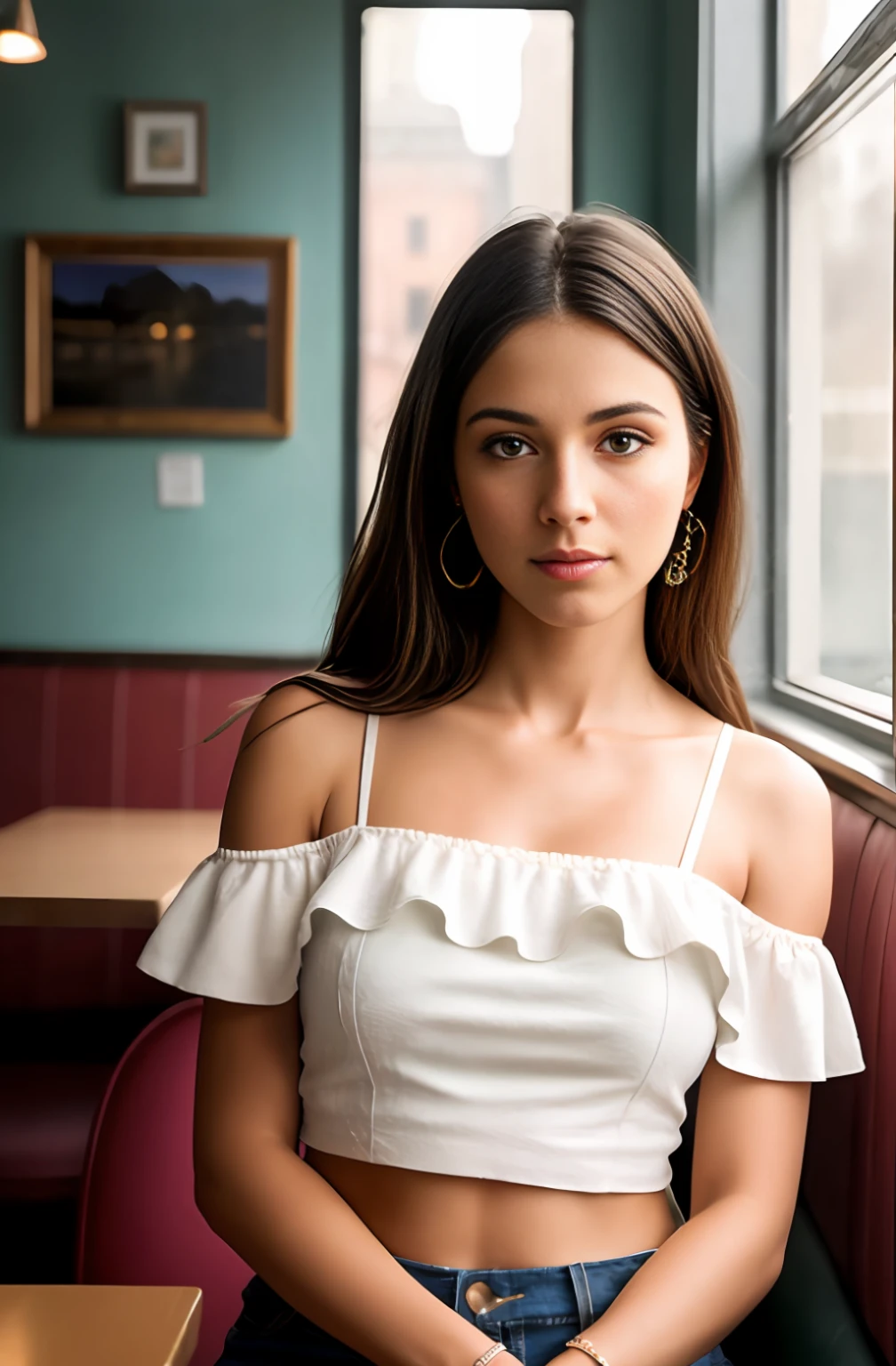 realistic photo of a girl wearing a croptop, bare shoulders, jeans, sitting in a diner, beautiful, detailed face, detailed, highres, realistic, photorealistic, full body, head to toe, legs, matte skin, pores, wrinkles, (extremely detailed CG unity 8k wallpaper), photo of the most beautiful artwork in the world, professional majestic (photography by Steve McCurry), 8k uhd, dslr, soft lighting, high quality, film grain, Fujifilm XT3 sharp focus, f 5.6, High Detail, Sharp focus, dramatic, (looking at viewer:1.2), (natural light),
