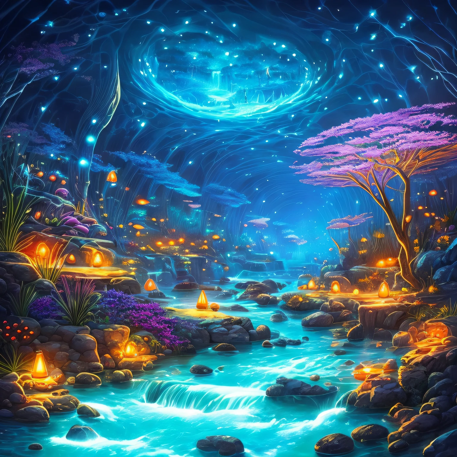 Deep blue sea, streams, Atlantis, glowing spots, beautiful fishes, silent world, flashing points, fireflies, dreamy, fantasy, magic, intricated details, illustration --auto