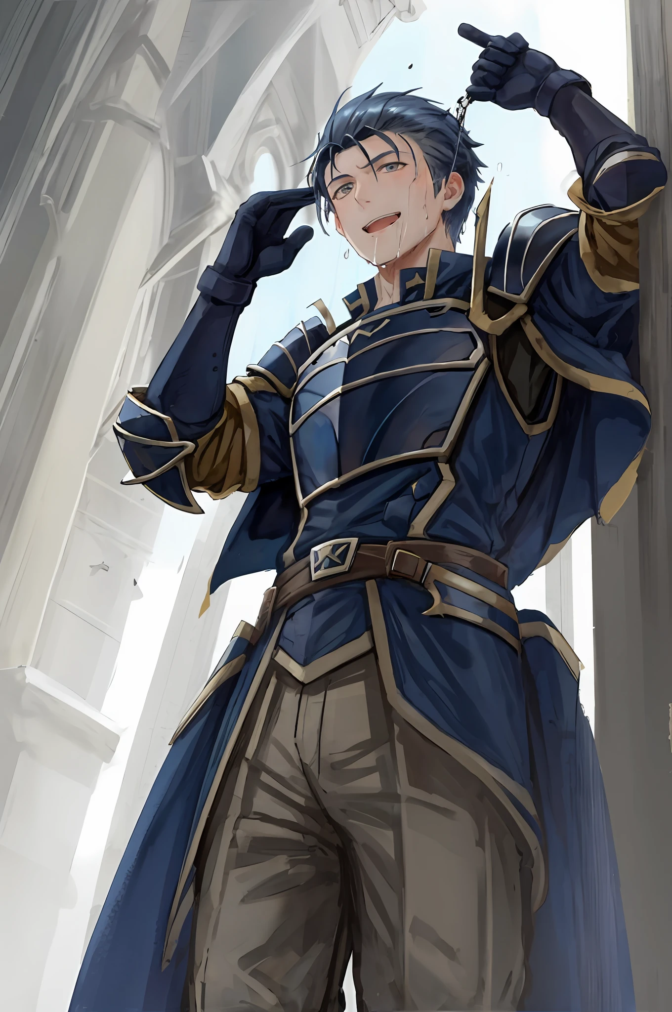 Hector Fey, soloist, looking at the audience, smiling, mouth open, sweating, drenching, wet, drooling, gloves, 1boy, blue hair, male focus, tie, armor, from below,