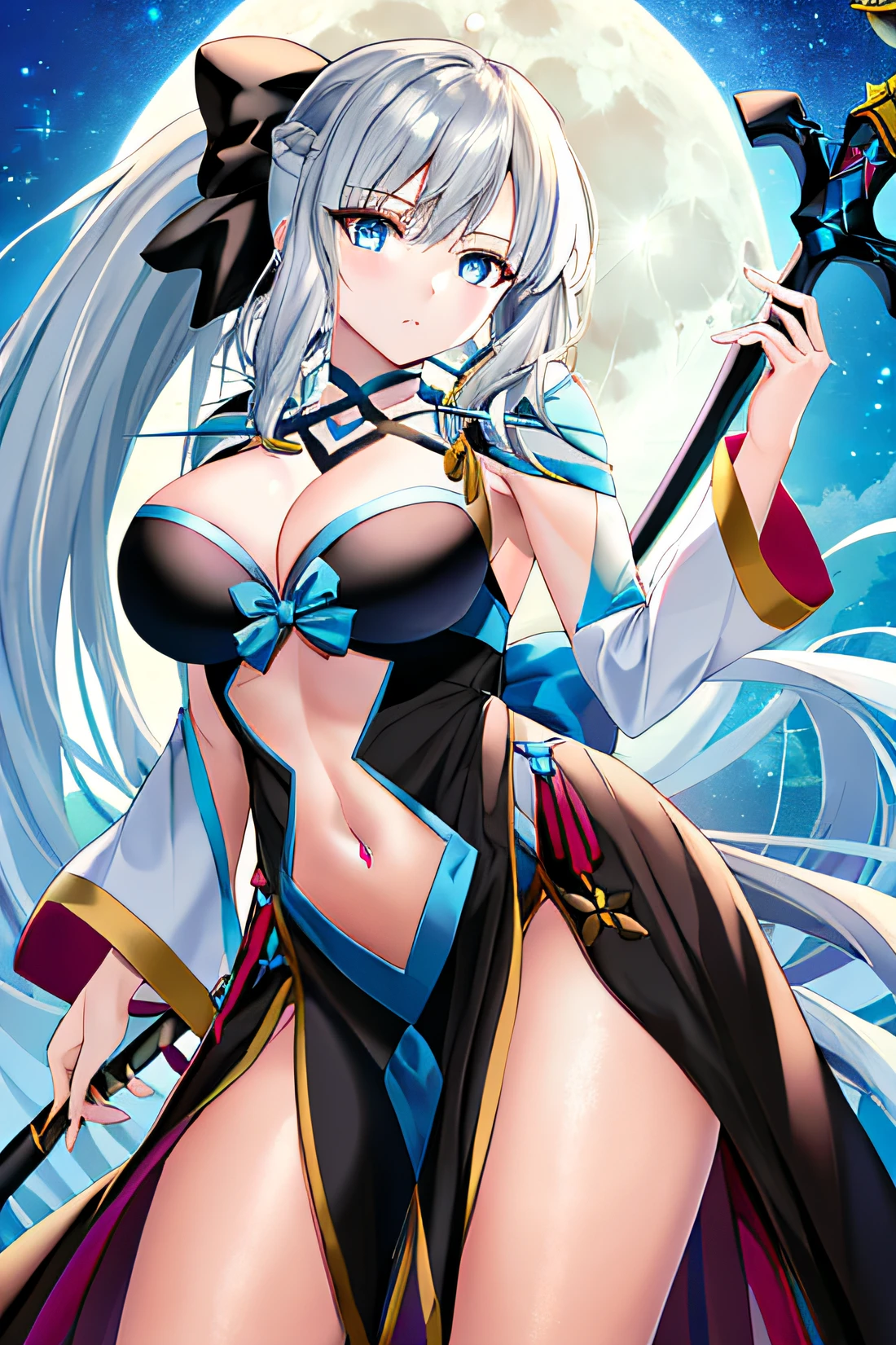 masterpiece, best quality,1 girl, breasts, Morgan le fay (destiny), solo, blue eyes, long hair, ponytail, bow, braid, weapon, cleavage, very long hair, big, black bow, look viewer, dress, hair bow, thighs, black dress, bangs, side locks, french blade, pelvic curtain, gray hair, moon, anime illustration