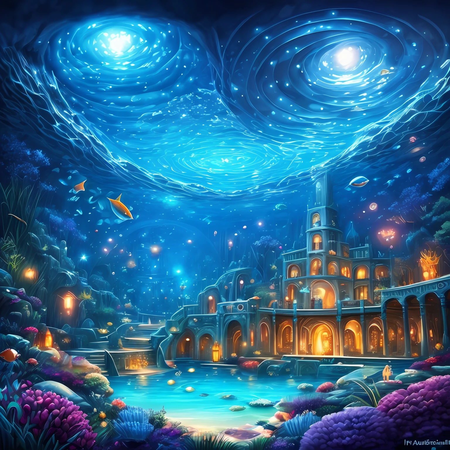 Deep blue sea, streams, Atlantis, glowing spots, beautiful fishes, silent world, flashing points, fireflies, dreamy, fantasy, magic, intricated details, illustration --auto
