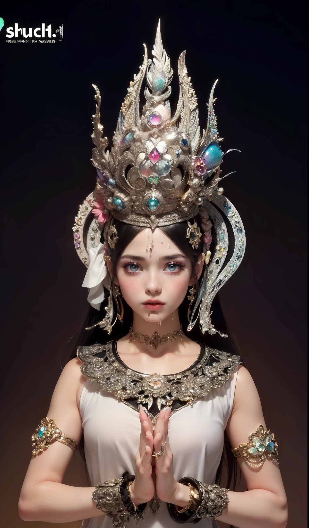 (Pink Fashion T-shirt:1.9),(Colorful hair: 1.8), (all the colours of the rainbow: 1.8),(((((vertical painting:1.6))), (painting:1.6),front, comics, illustrations, paintings, large eyes, crystal clear eyes,( rainbow color gradient high ponytail:1.7), exquisite makeup, closed mouth,(Small Fresh: 1.5),(Wipe Chest: 1.6) ,long eyelashes, white off shoulder T-shirt, White Shoulder Shirt,looking at the audience, large watery eyes, (rainbow colored hair:1.6), color splash, (solo:1.8), color splash, color explosion, thick paint style, messy lines, ((shining)),(colorful), (colorful), (colorful), colorful, Thick Paint Style, (Splash) (Color Splash), Vertical Painting, Upper Body, Paint Splash, Acrylic Pigment, Gradient, Paint, Highest Image Quality, Highest Quality, Masterpiece, Solo, Depth of Field, Face Paint, colorful clothes, (Elegant: 1.2), gorgeous,long hair, wind, (Elegant: 1.3), (Petals: 1.4),(((masterpiece))),(((best quality))),((ultra-detailed)),(illustration),(dynamic angle),((floating)),(paint),((disheveled hair)),(solo),(1girl) , (((detailed anima face))),((beautiful detailed face)),collar,bare shoulders,white hair, ((colorful hair)),((streaked hair)),beautiful detailed eyes,(Gradient color eyes),(((colorful eyes))),(((colorful background))),(((high saturation))),(((surrounded by colorful splashes))),