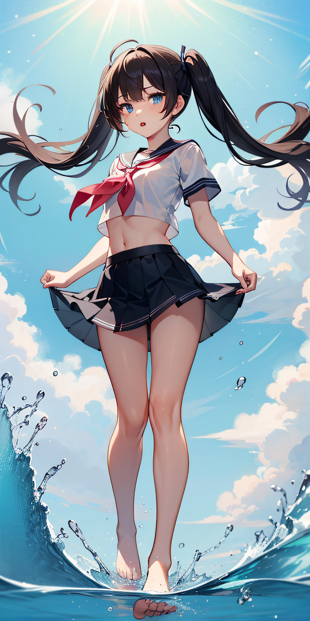 1girl,petite,,solo,longhair,skirt,sailorcollar,blackhair,navel,lookingatviewer,blackskirt7,miniskirt,barefoot,see-through,neckerchief,croptopoverhang,croptop,pleatedskirt,water,schooluniform,midriff,shirt,serafuku,twintails,verylonghair,fullbody,miniskirt,bareshoulders,whiteshirt,blueeyes,barelegs,thighs,breasts,blacksailorcollar,bangs,stomach,blueneckerchief,partedlips,floatinghair,standing,