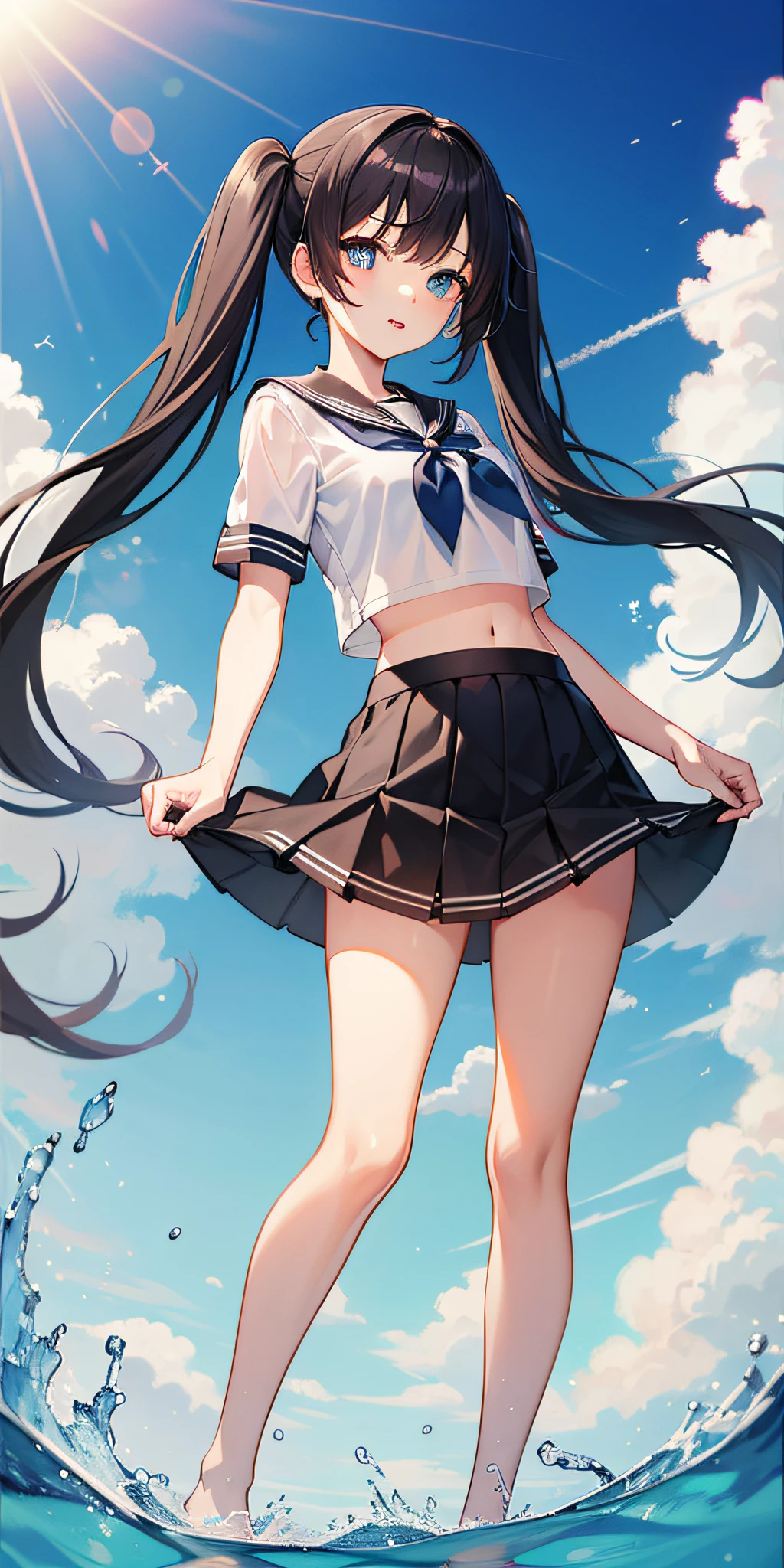 1girl,petite,****,solo,longhair,skirt,sailorcollar,blackhair,navel,lookingatviewer,blackskirt7,miniskirt,barefoot,see-through,neckerchief,croptopoverhang,croptop,pleatedskirt,water,schooluniform,midriff,shirt,serafuku,twintails,verylonghair,fullbody,miniskirt,bareshoulders,whiteshirt,blueeyes,barelegs,thighs,breasts,blacksailorcollar,bangs,stomach,blueneckerchief,partedlips,floatinghair,standing,