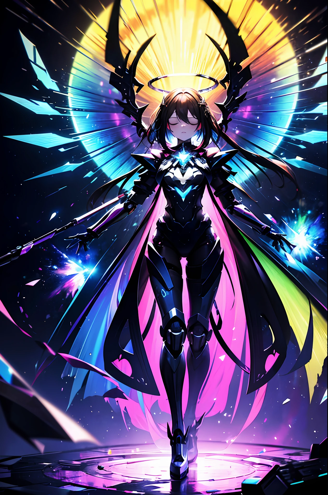 Top quality, masterpiece, absurdity, highly detailed 8K wallpaper, BREAK, (high contrast RGB Rainbow-colored mechanical wings), BREAK, (High contrast RGB effect, LED effect, kaleidoscope effect, shining effect, glitter RGB effect), (ripple effect: 1.2), BREAK, beautiful mechanical girl, (five fingers), (closed eyes: 1.1), BREAK, (mechanical joints, mechanical limbs and fingers, exoskeleton spine and coccyx: 1.2), (mechanical halo), full body, fantastic starry sky, (Symmetrical), outstretched_arms,