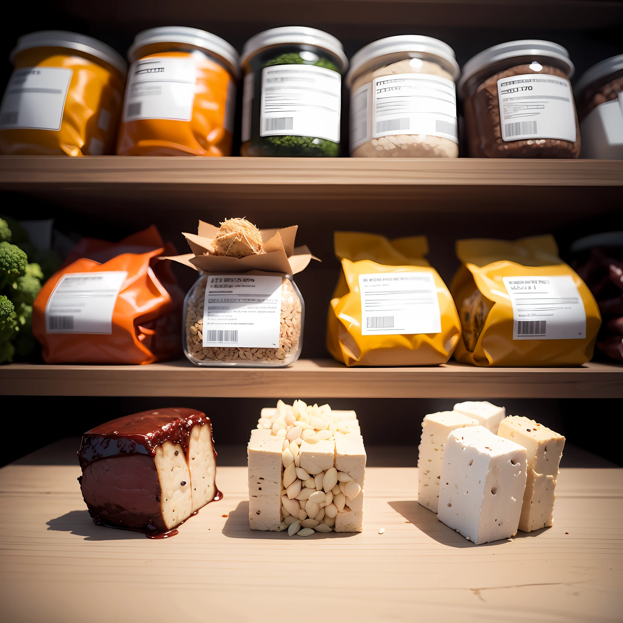 An image in which a palm-sized protein source (such as meat or tofu) plays a leading role. In the background, other ingredients such as vegetables and grains are blurred to emphasize their role as part of the diet. The images are high-resolution and realistically depict the texture and color of the protein source. Photographed under bright natural light, the vivid colors of the ingredients stand out. –ar 16:9 –v 5.1 –style raw –q 2 –s 750 --auto
