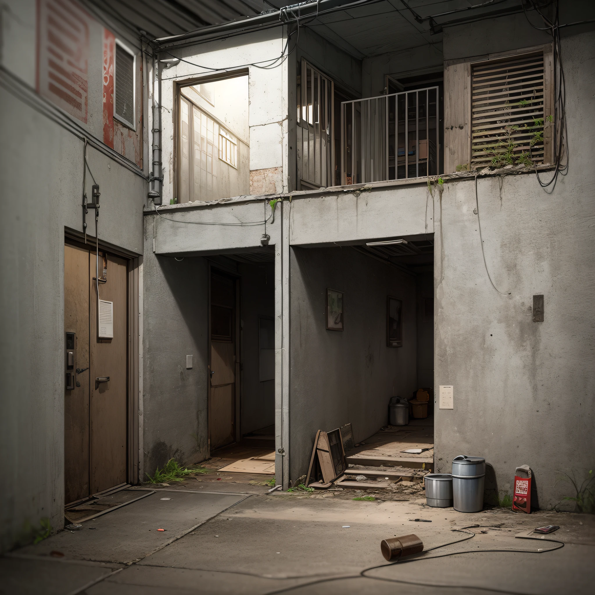 Abandoned house, Dojunkai apartment surreal and very detailed illustrations, external perspective, images with objects very loaded, perspective from below, dirty cement stairs with cracks, green trash cans, metal signs, cables, poles, rusty pipes, wall pipes, electricity meters, gray and dark walls, empty boxes, old paper on the floor, damaged wall paint, metal and rusty scrap, mechanical parts (rusty, brown), very detailed advertising on neon walls, spotlight lights, artificial and sterile environment, fog and rather thick smoke, very dark landscape shadows, red and green neon lights, damp, puddles reflecting dim ambient light, wooden, exterior, building, city, evening, golden time, toys, cute