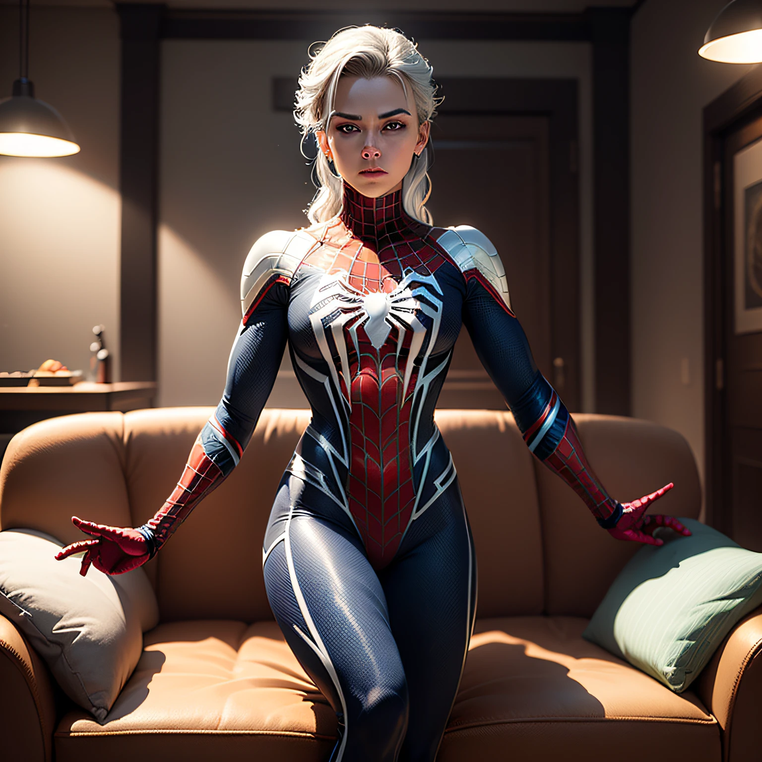 (Extreme Detail CG Unity 8K wallpaper, masterpiece, highest quality), (Exquisite lighting and shadow, highly dramatic picture, Cinematic lens effect), a girl in a white Spider-Man costume, silver gray hair color, from the Spider-Man parallel universe, Wenger, Marvel, Spider-Man, sitting on the couch, dynamic pose), (excellent detail, excellent lighting, wide angle), (excellent rendering, enough to stand out in its class), focus on white Spider-Man costumes, complex spider textures --auto