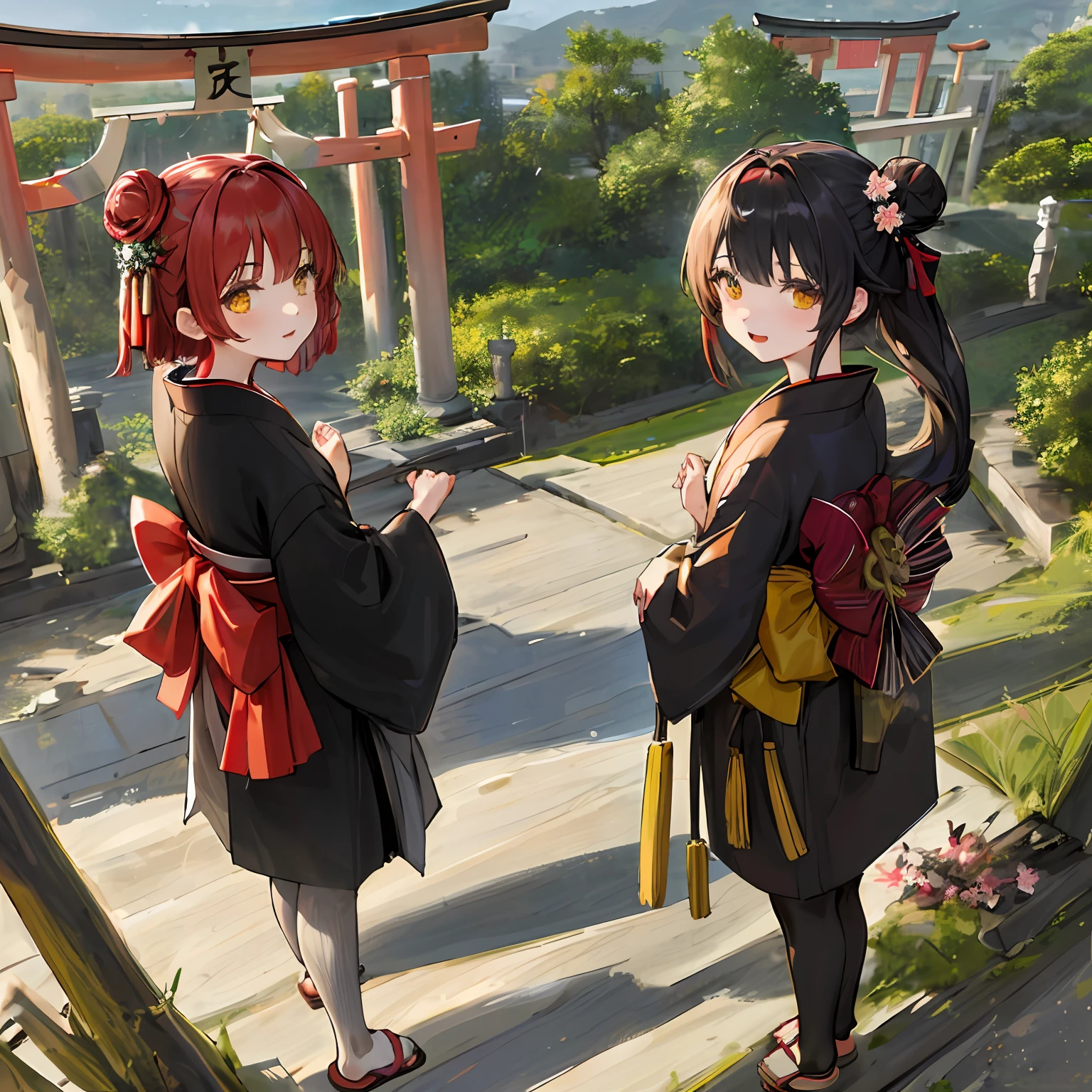 Two girls black and red color scheme kimono barefoot foot zoom closeup