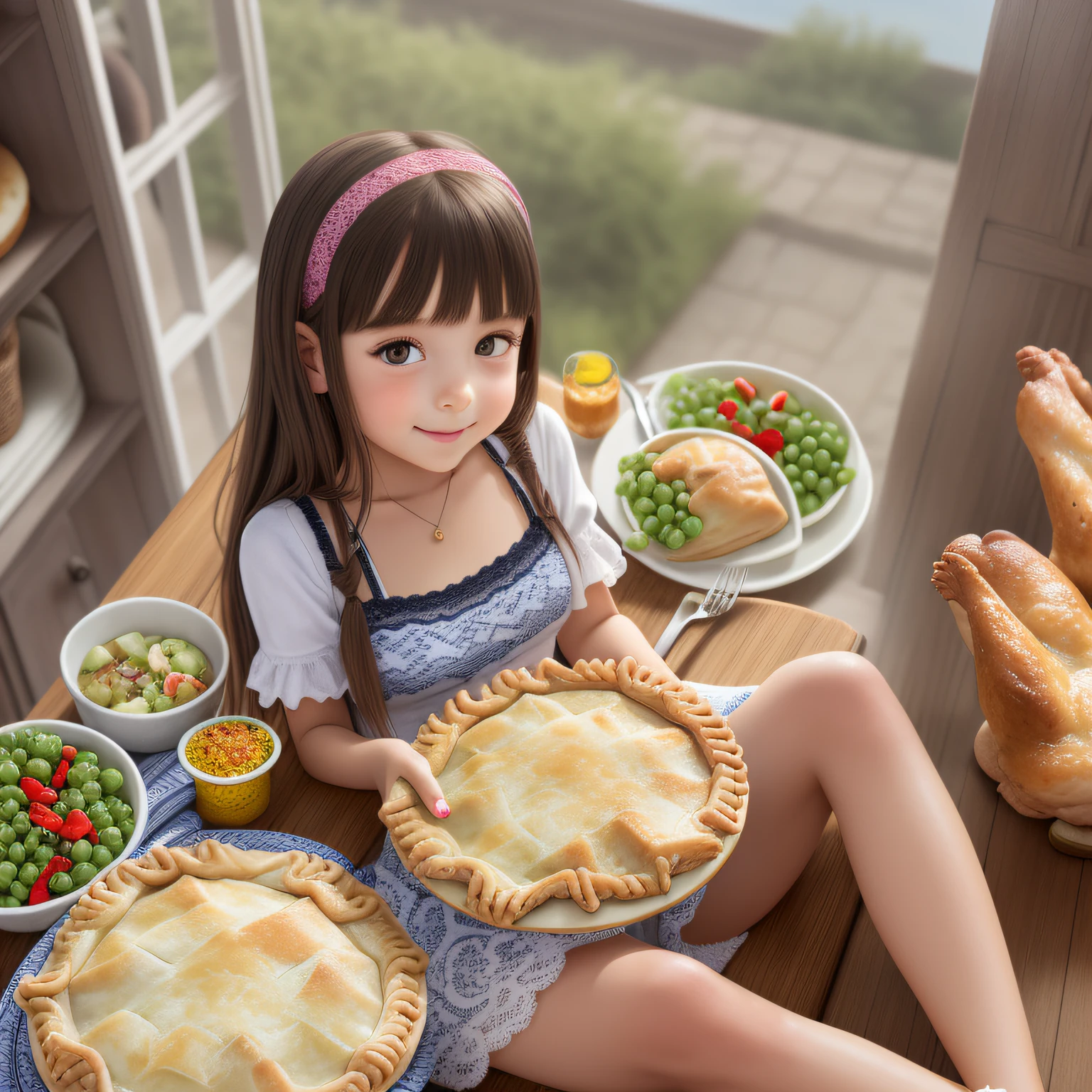 Chicken pot pie, realistic, 1girl, mini skirt and lace wear, 1girl, (full body:1.2),( depict a girl on Chicken pot pie:1.3) ,full of foods, big table, view from top, table, foods on table, breads, dishes, fruits, opened,, (spread legs:1.3), lying back position, foodphoto