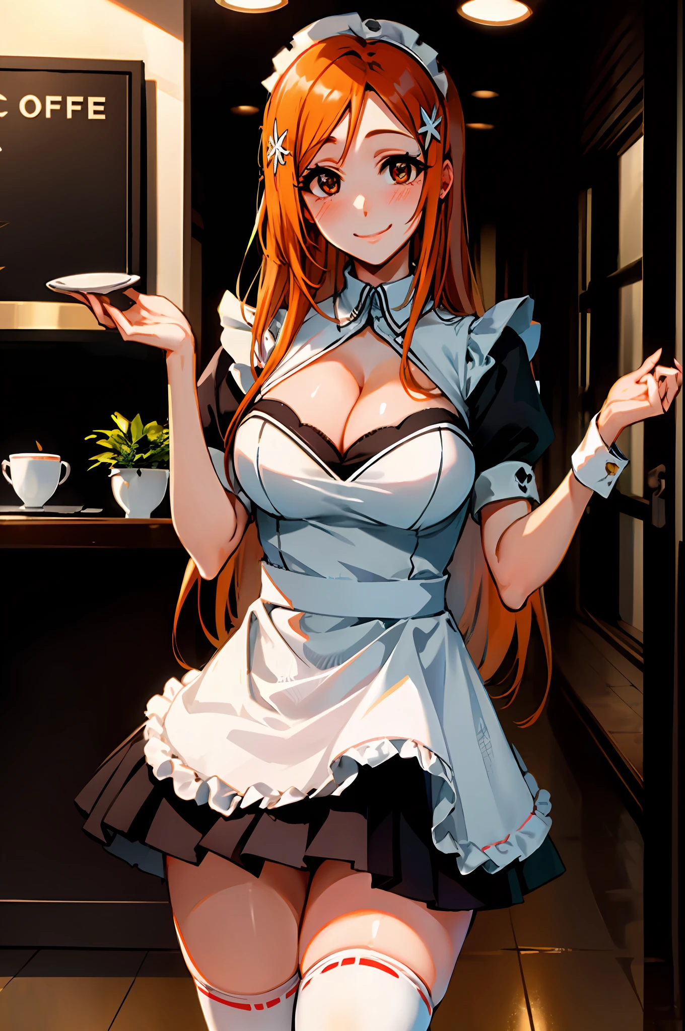 Orihime inoue, bleach, 1girl, solo, maid dress, meidofuku, maid uniform, maid, black thighhighs, breasts, cleavage, pleated skirt, hair between eyes, long hair, hair ornament, looking at viewer, messy hair,  orange hair, solo, thighhighs, thighs, long hair, ((masterpiece)), standing, sexy pose, blush, shy, smile, closes mouth, cafe, table, food, drink, chair, indoor, serving cafe, taking cafe order,